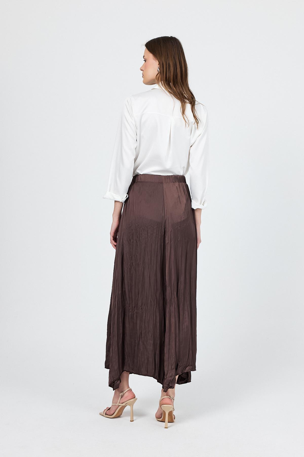 Kahve Kraşlı Kırışık Kumaş Etek 9470 - 6