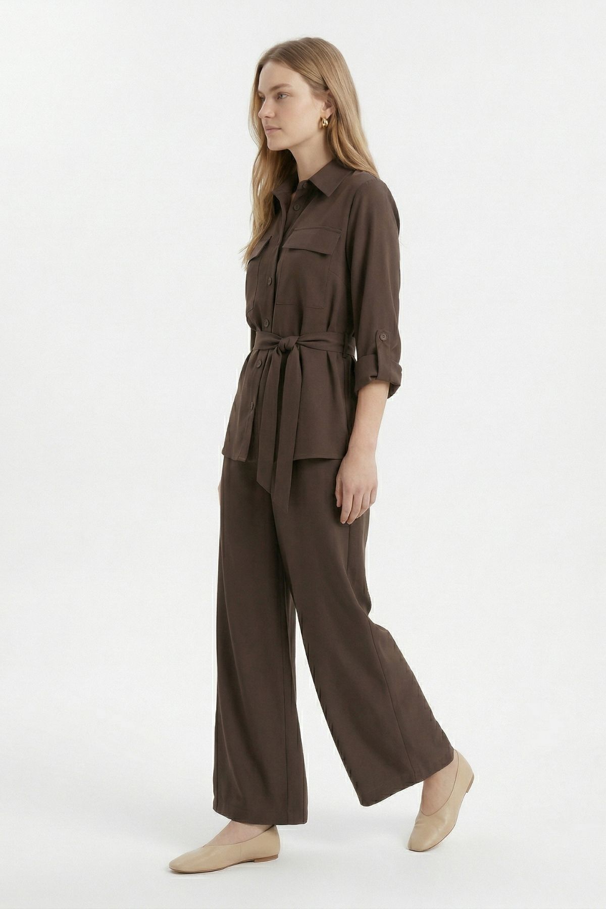 Kahve Kuşaklı Cepli Ceket Pantolon Takım 8874 - 3