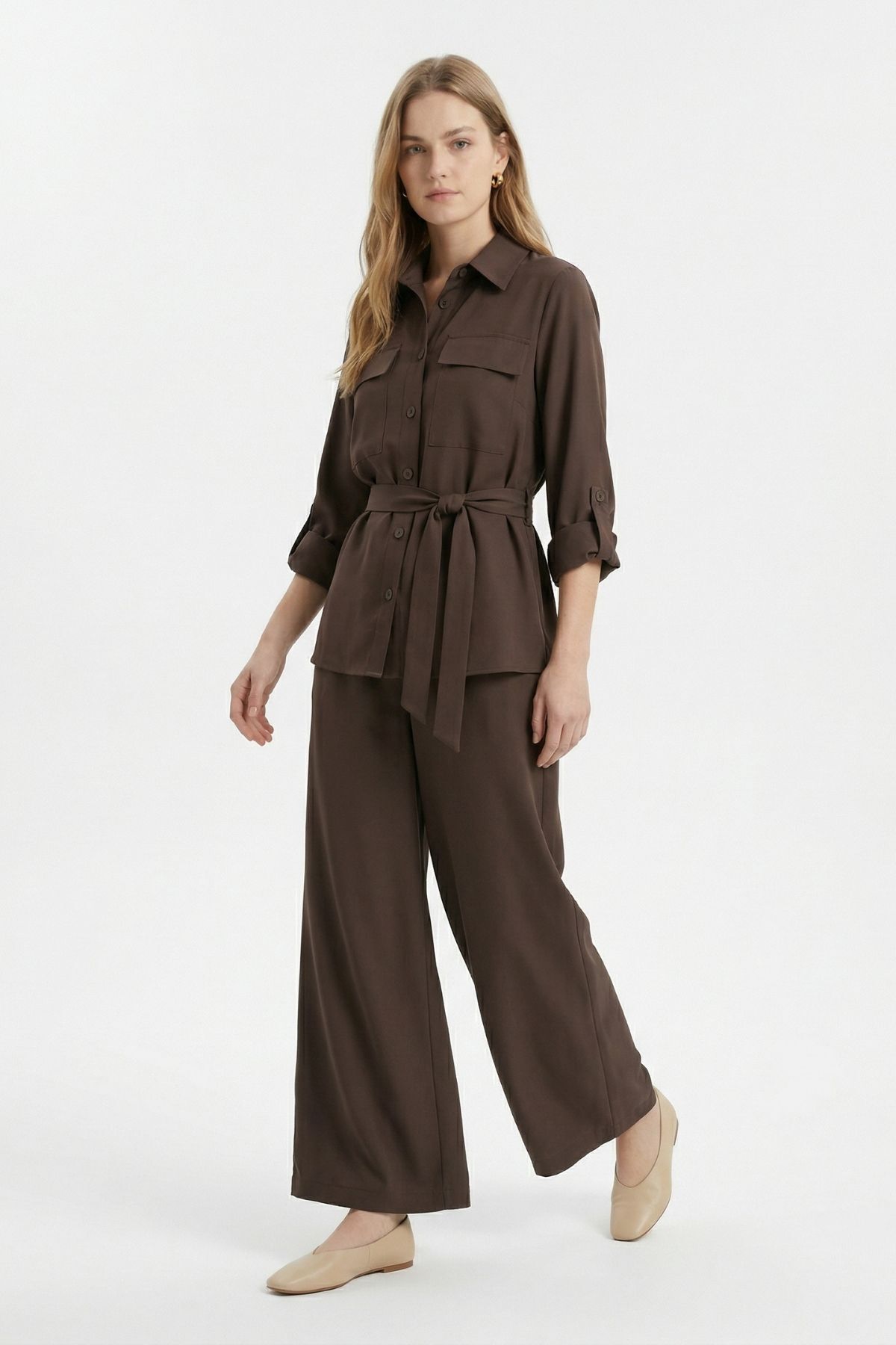 Kahve Kuşaklı Cepli Ceket Pantolon Takım 8874 - RAYS