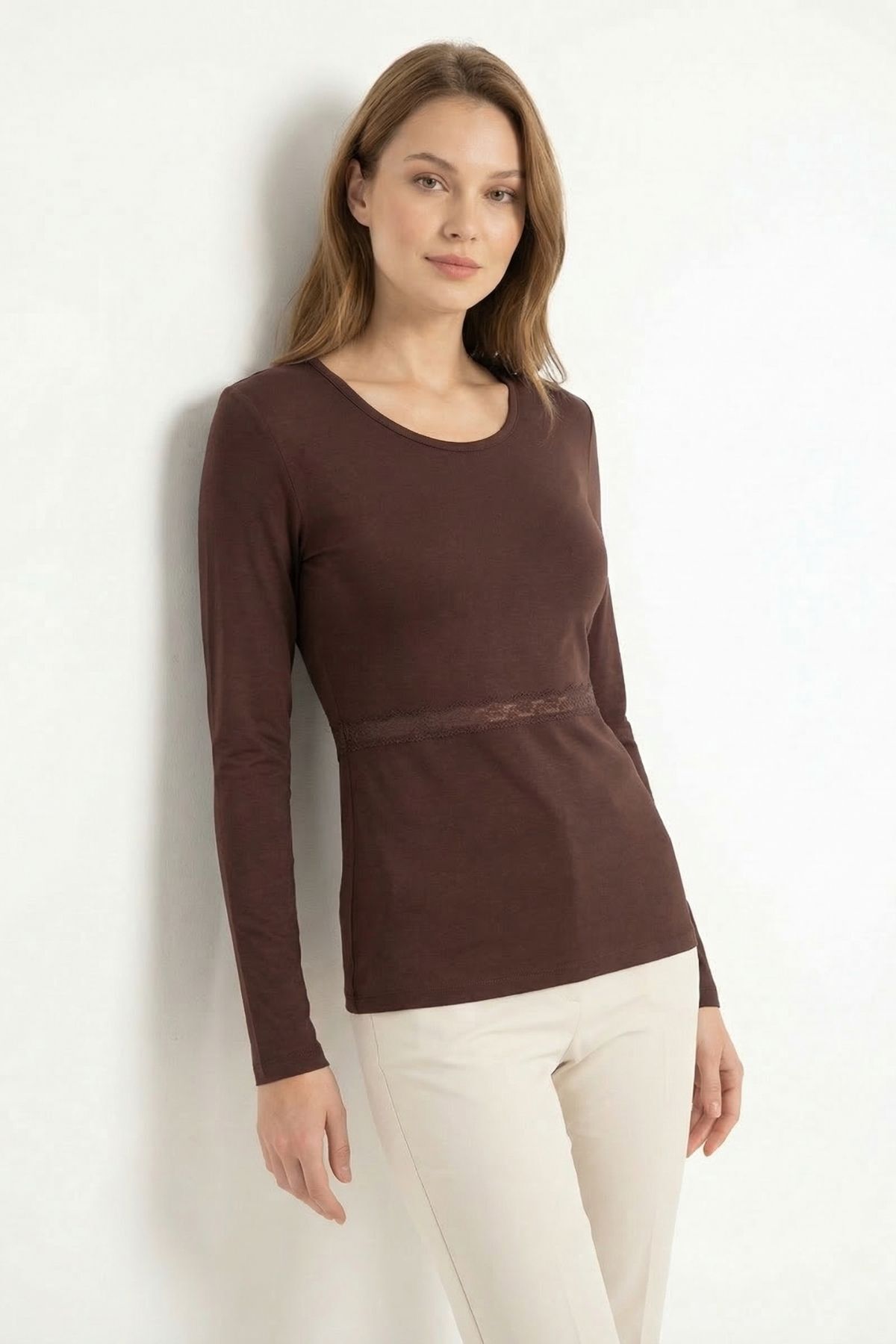 Kahve Omuz Dantel Uzun Kol Bluz 14371 - 1