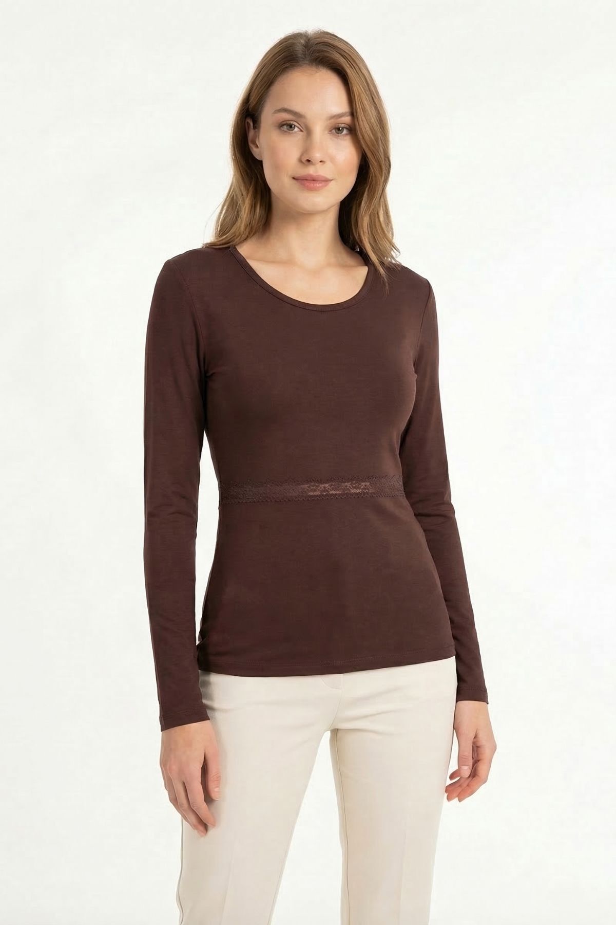 Kahve Omuz Dantel Uzun Kol Bluz 14371 - 2