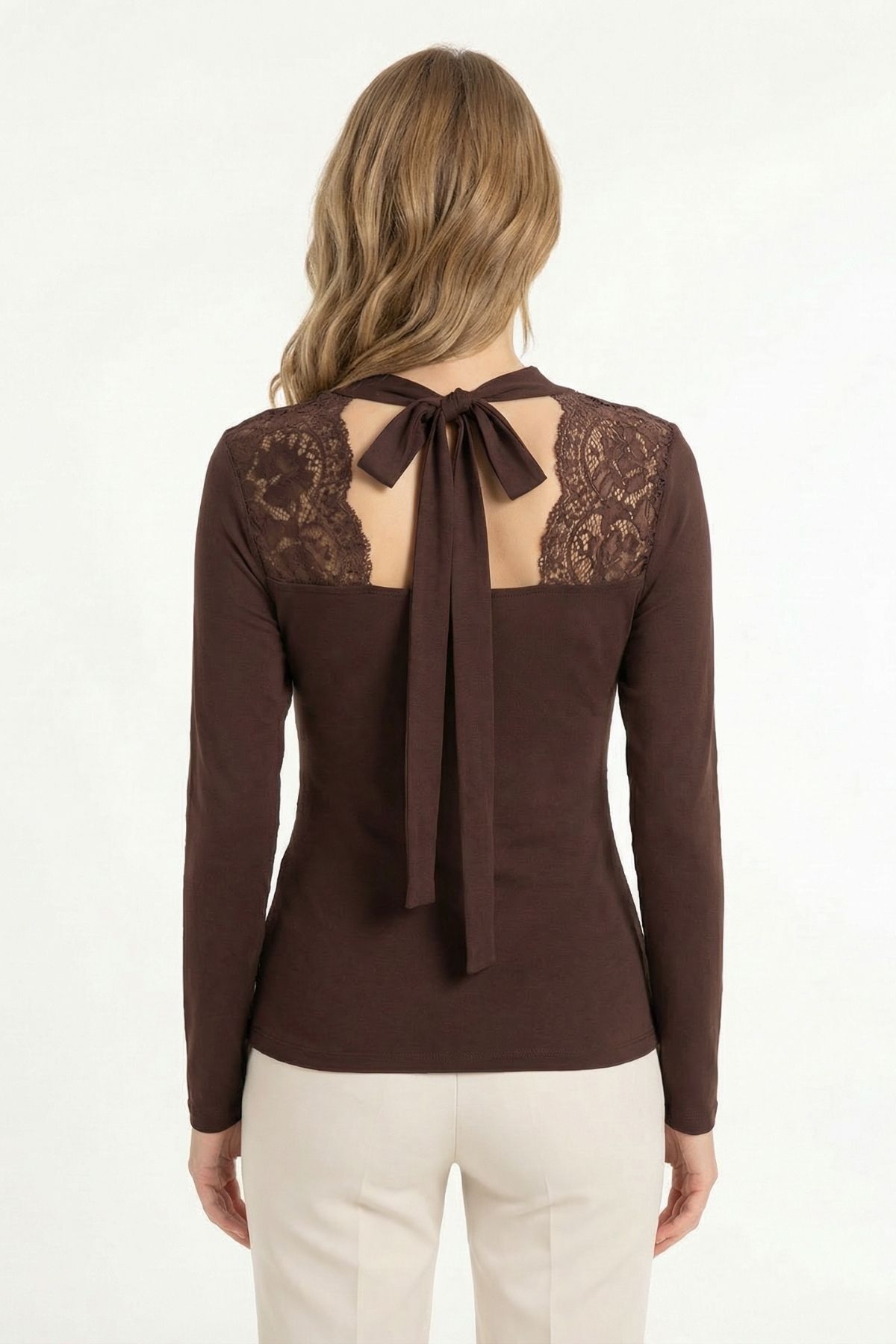 Kahve Omuz Dantel Uzun Kol Bluz 14371 - RAYS