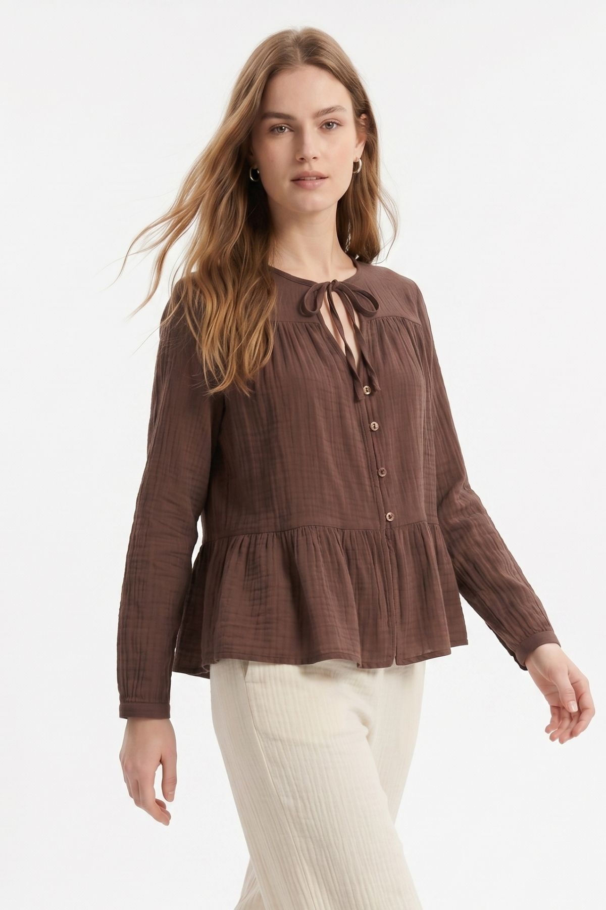 Kahve Ön Bağlama Detaylı Düğmeli Bluz 4531A - RAYS