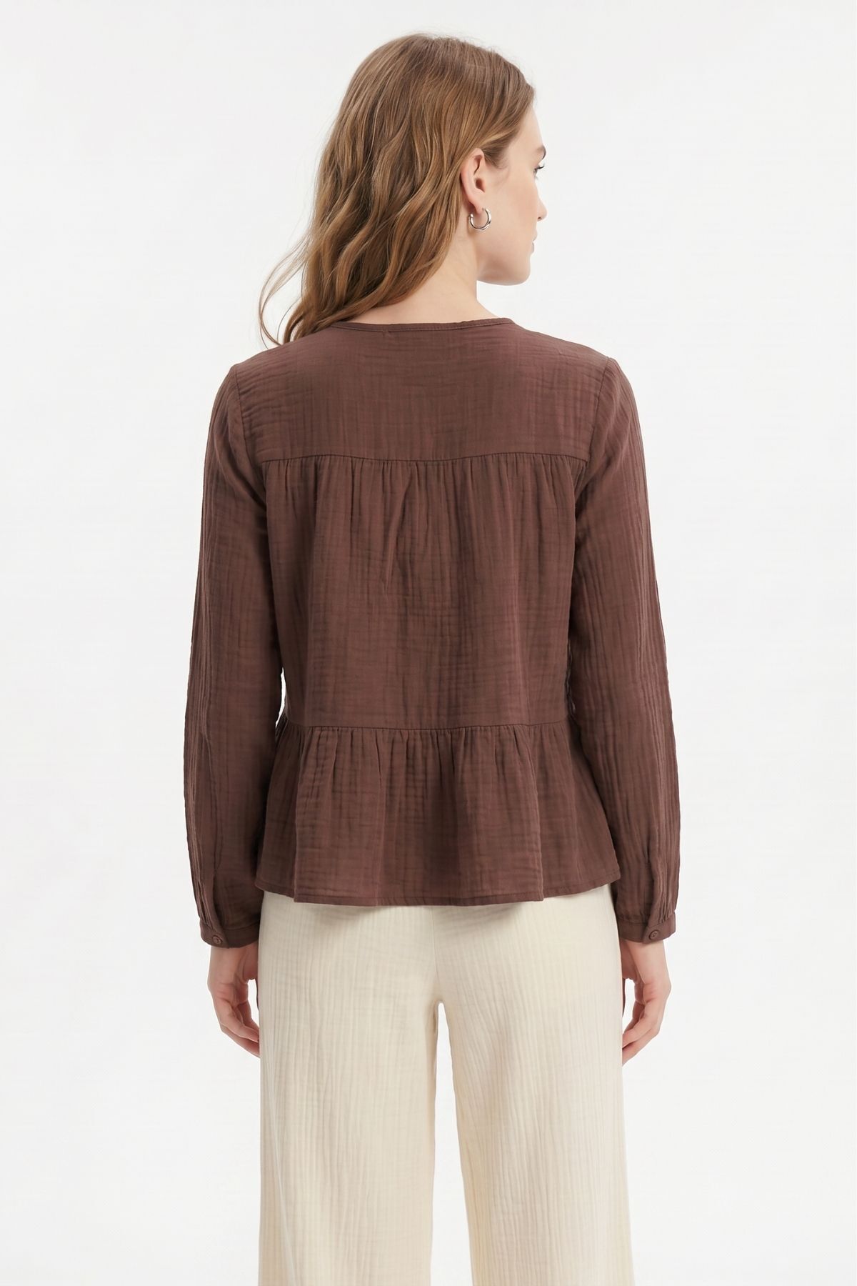 Kahve Ön Bağlama Detaylı Düğmeli Bluz 4531A - RAYS
