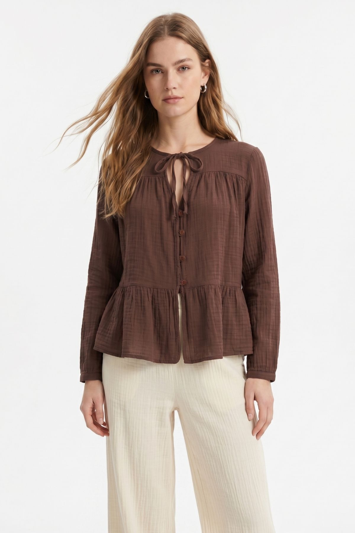 Kahve Ön Bağlama Detaylı Düğmeli Bluz 4531A - RAYS