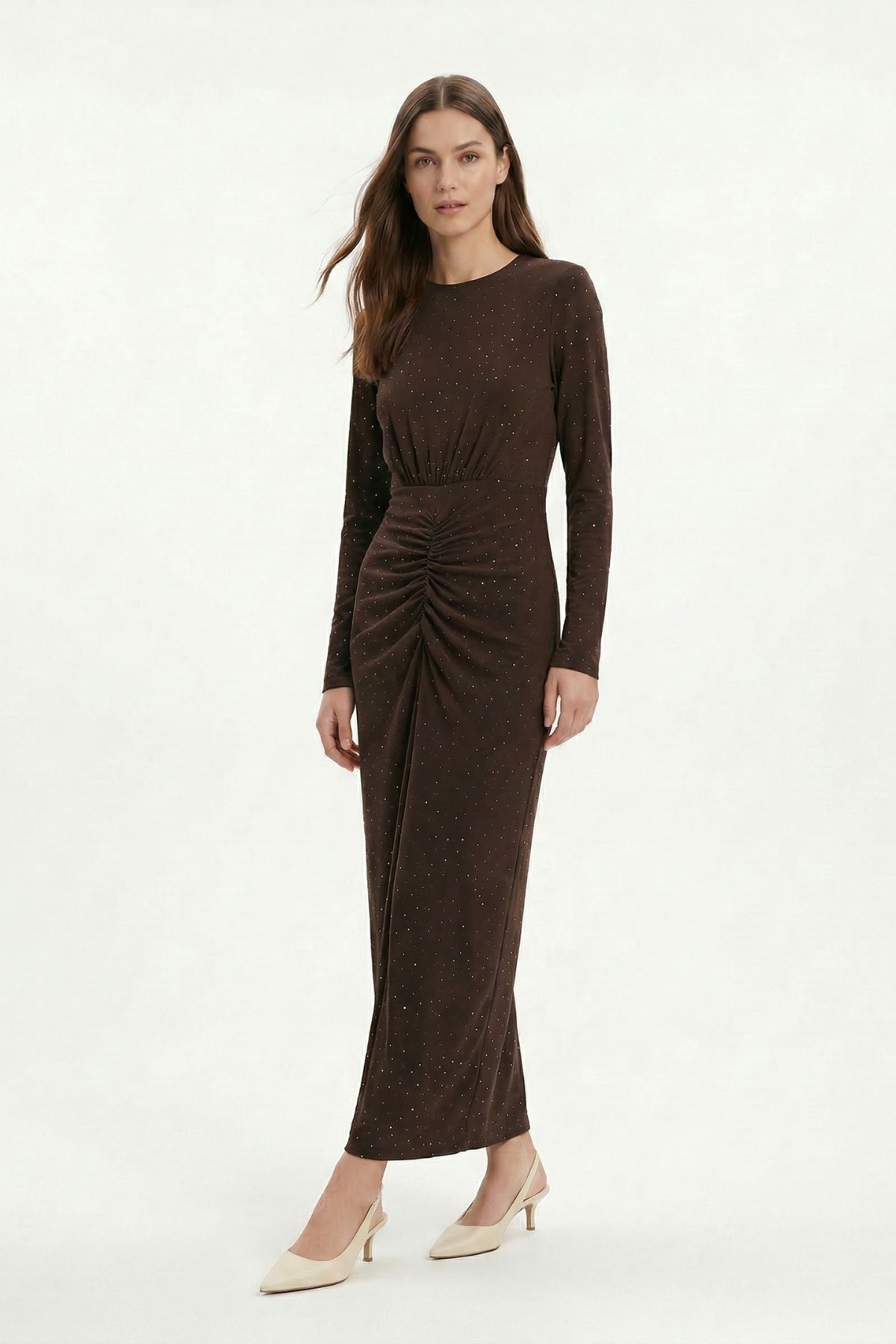 Kahve Ön Büzgülü Taşlı Elbise 252787 - 1