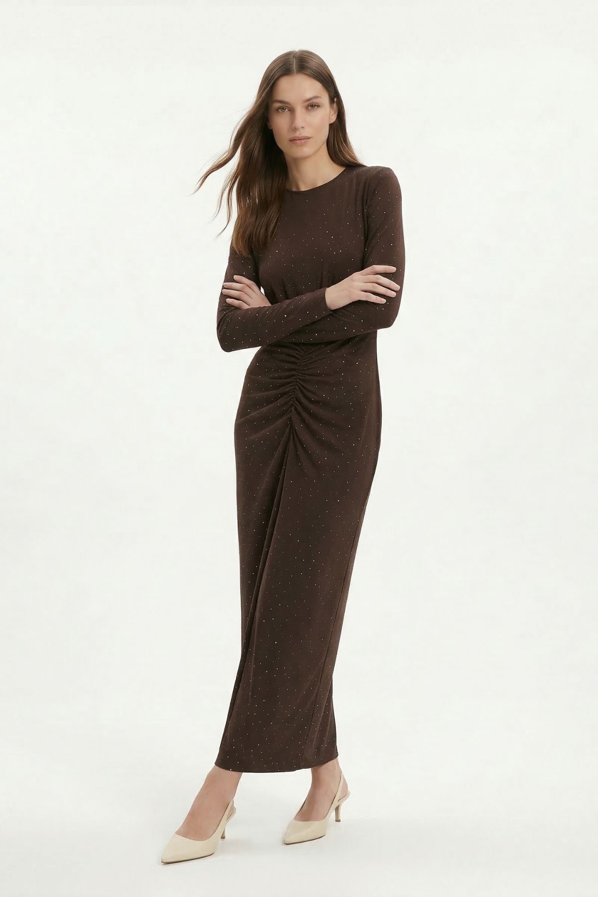 Kahve Ön Büzgülü Taşlı Elbise 252787 - 2