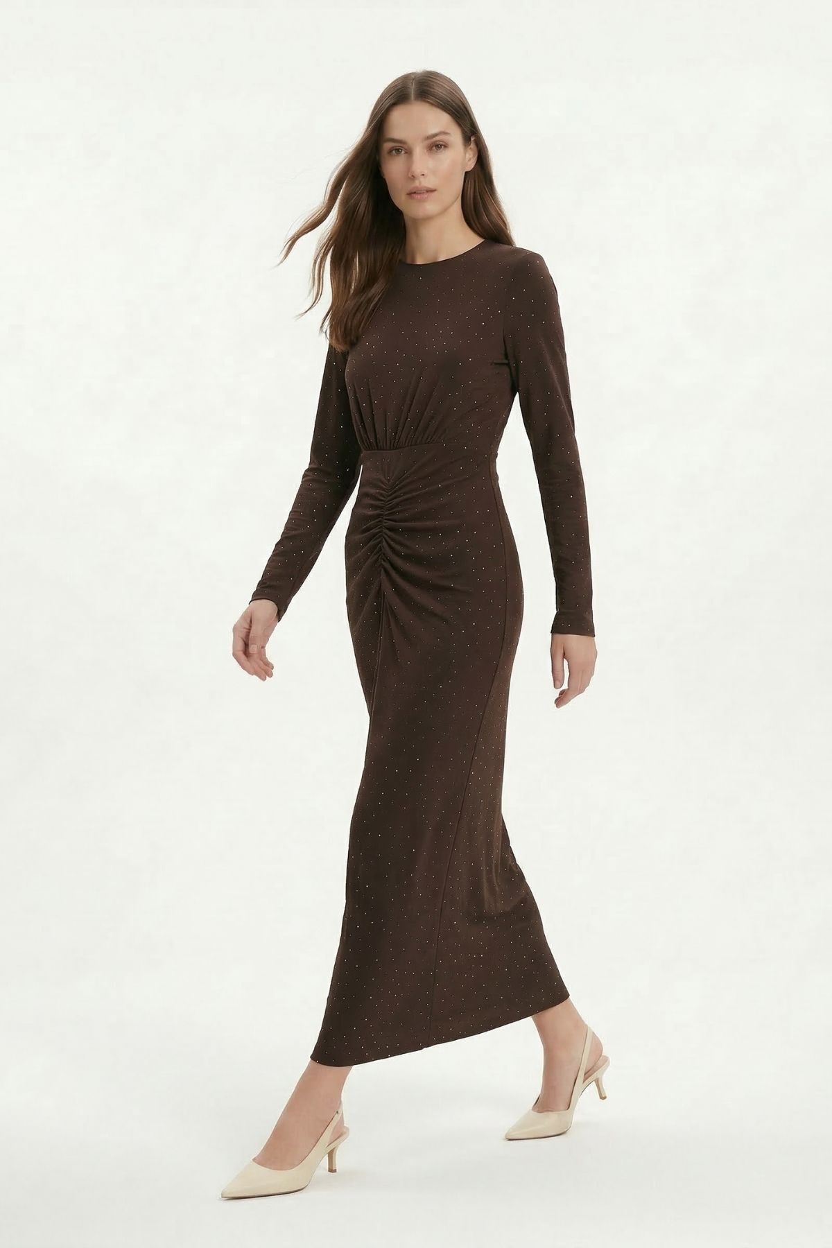 Kahve Ön Büzgülü Taşlı Elbise 252787 - RAYS