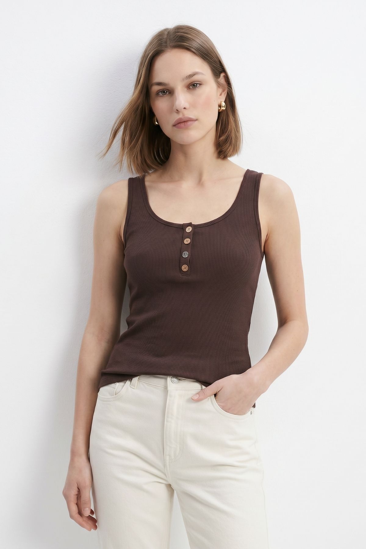 Kahve Ön Düğme Detay Atlet 634 - RAYS