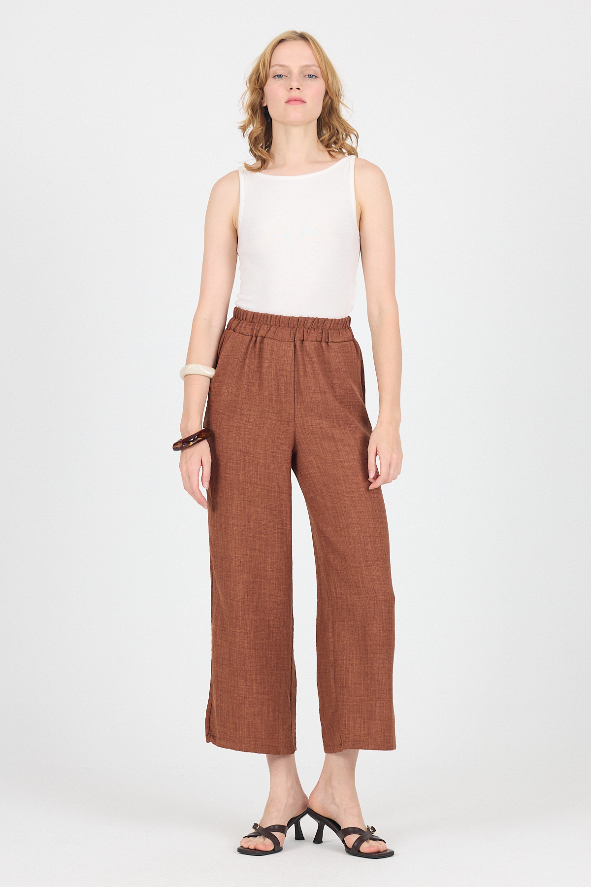 Kahve Pamuklu Bel Lastikli Bol Paça Pantolon 4657 - 2