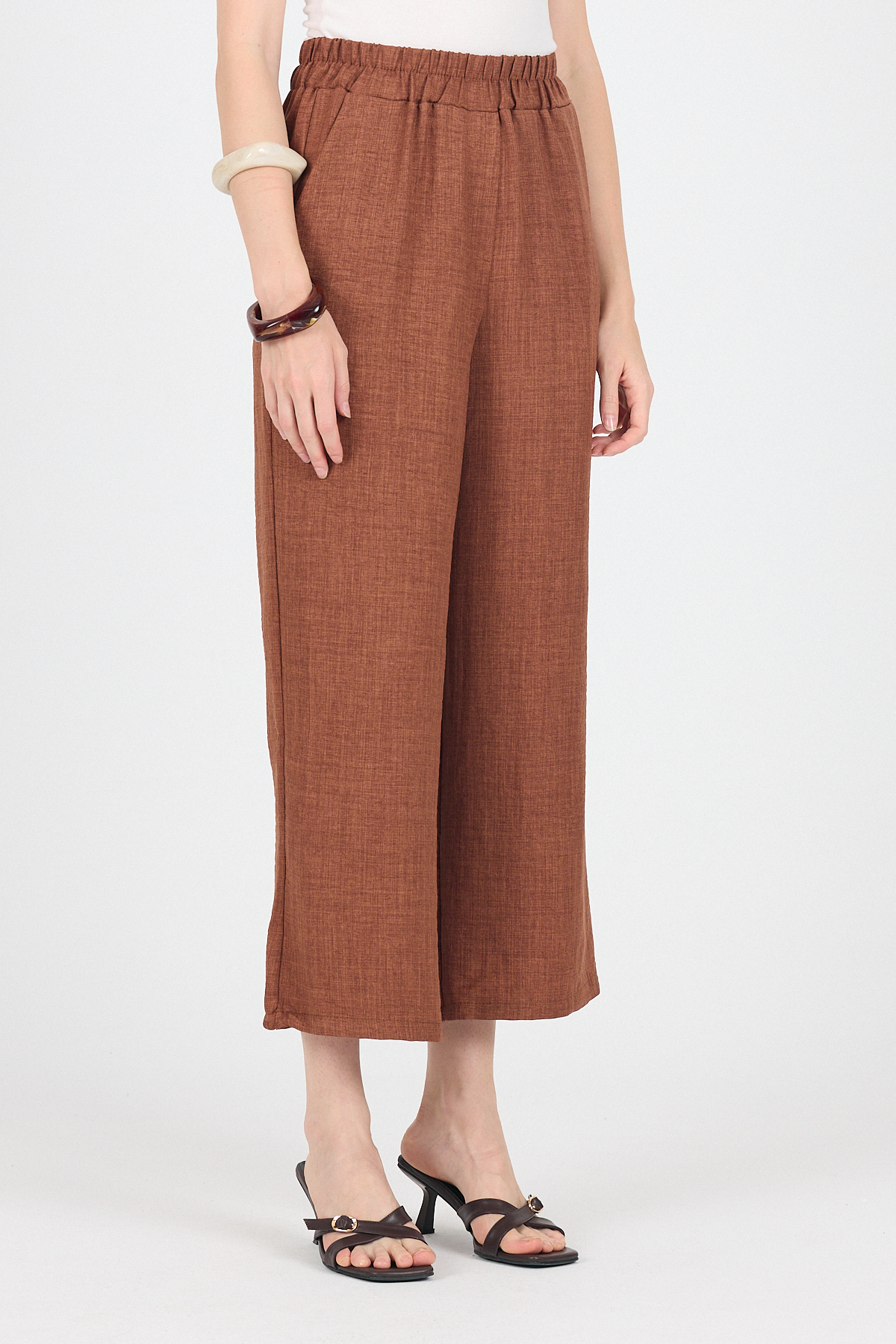 Kahve Pamuklu Bel Lastikli Bol Paça Pantolon 4657 - 3