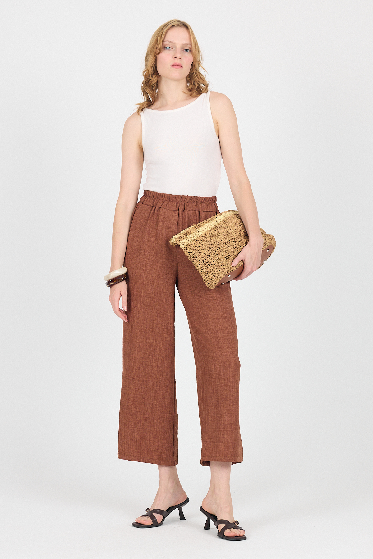 Kahve Pamuklu Bel Lastikli Bol Paça Pantolon 4657 