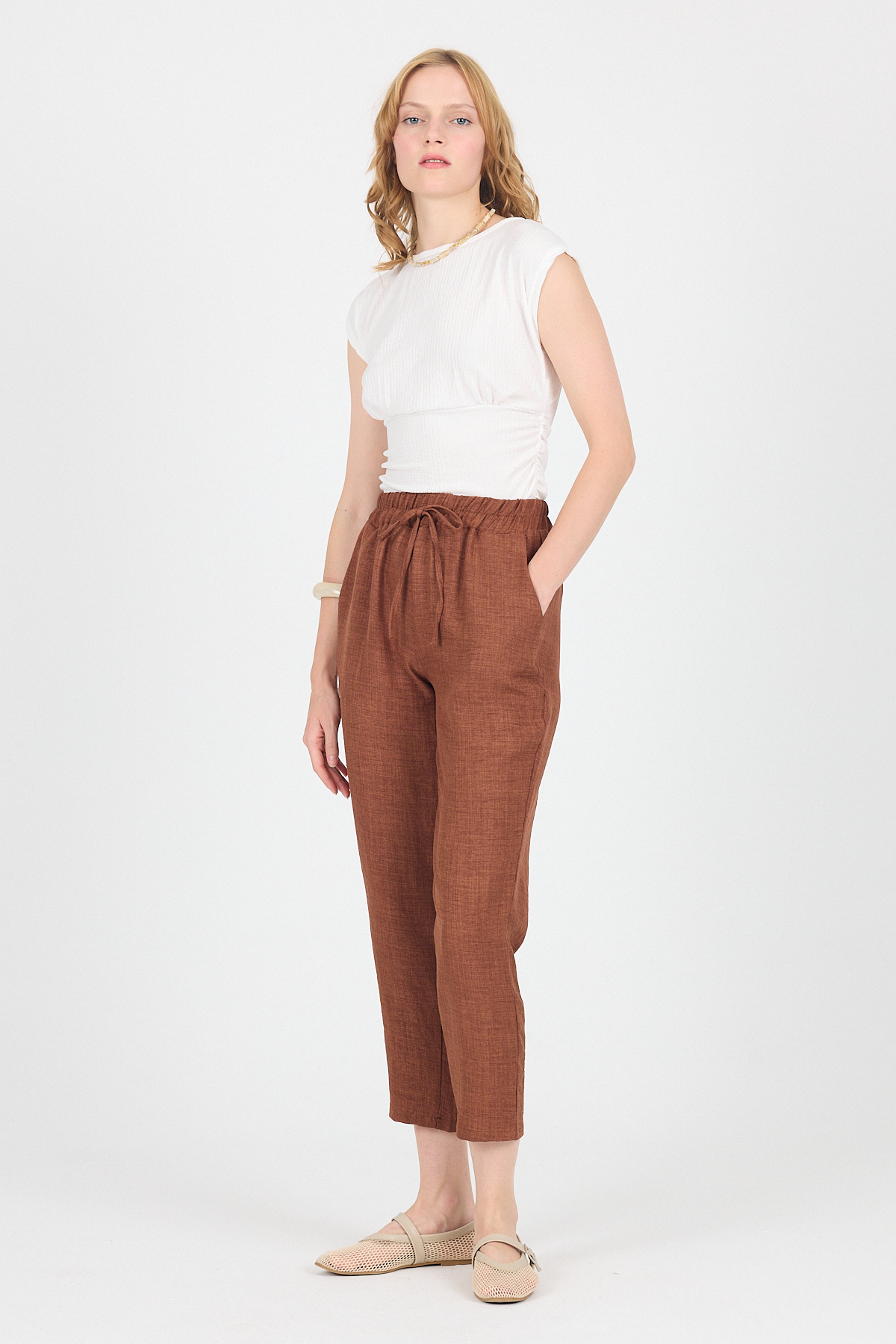 Kahve Pamuklu Bel Lastikli Düz Paça Düz Paça Pantolon 4800 - 6
