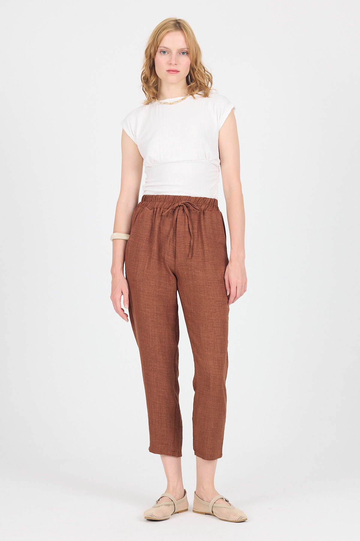 Kahve Pamuklu Bel Lastikli Düz Paça Düz Paça Pantolon 4800 