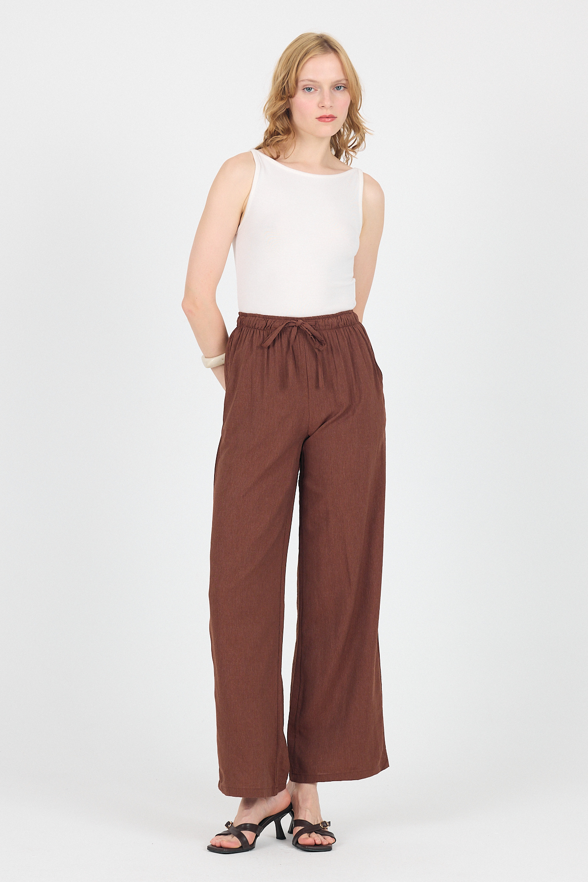 Kahve Pamuklu Bel Lastikli Wide Leg/Bol Paça Pantolon 4754A - 2