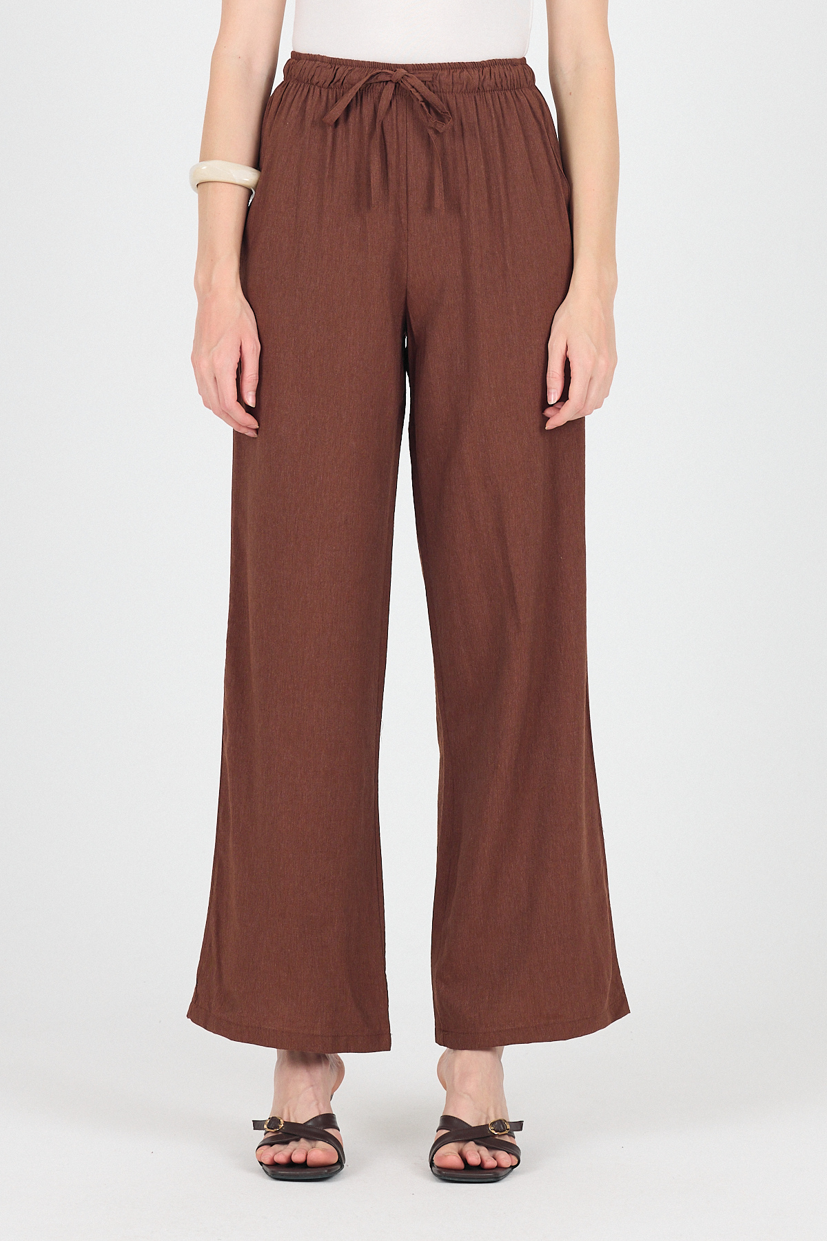 Kahve Pamuklu Bel Lastikli Wide Leg/Bol Paça Pantolon 4754A - 3