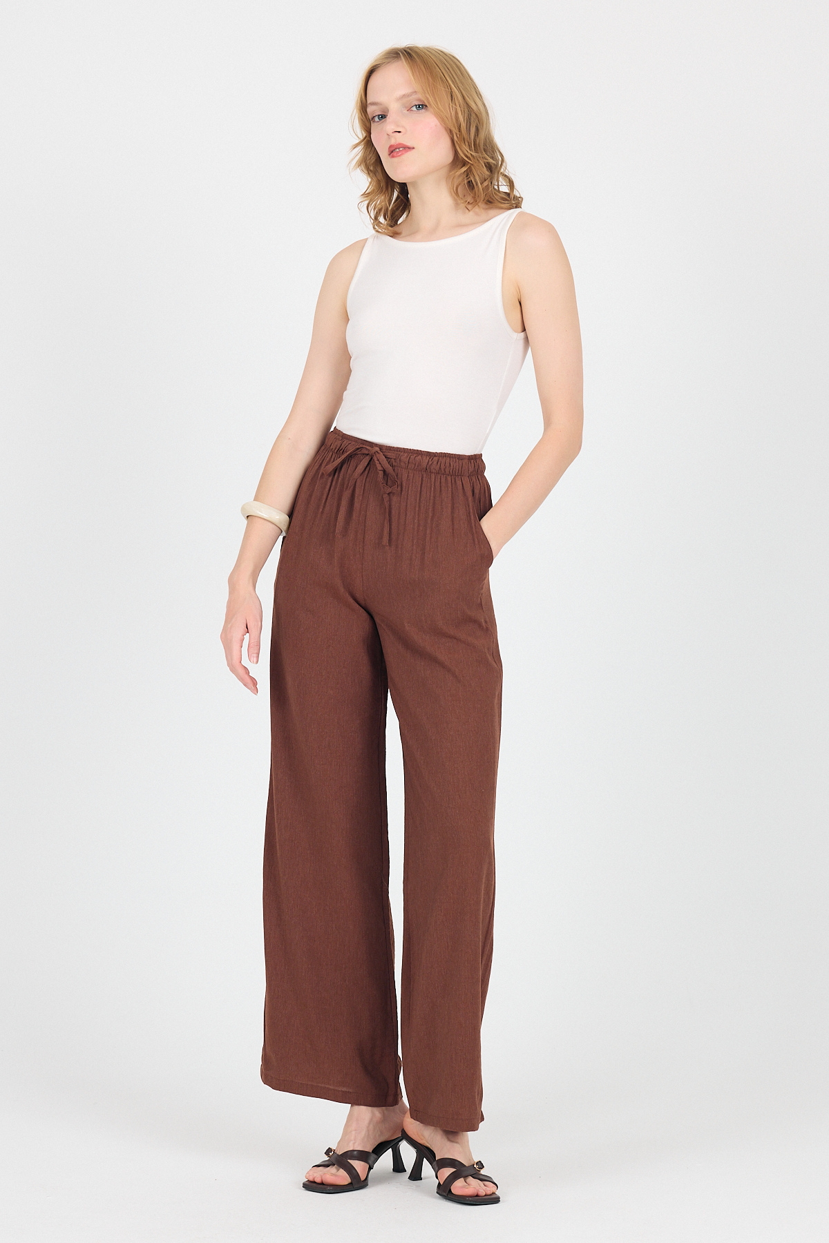 Kahve Pamuklu Bel Lastikli Wide Leg/Bol Paça Pantolon 4754A - 6