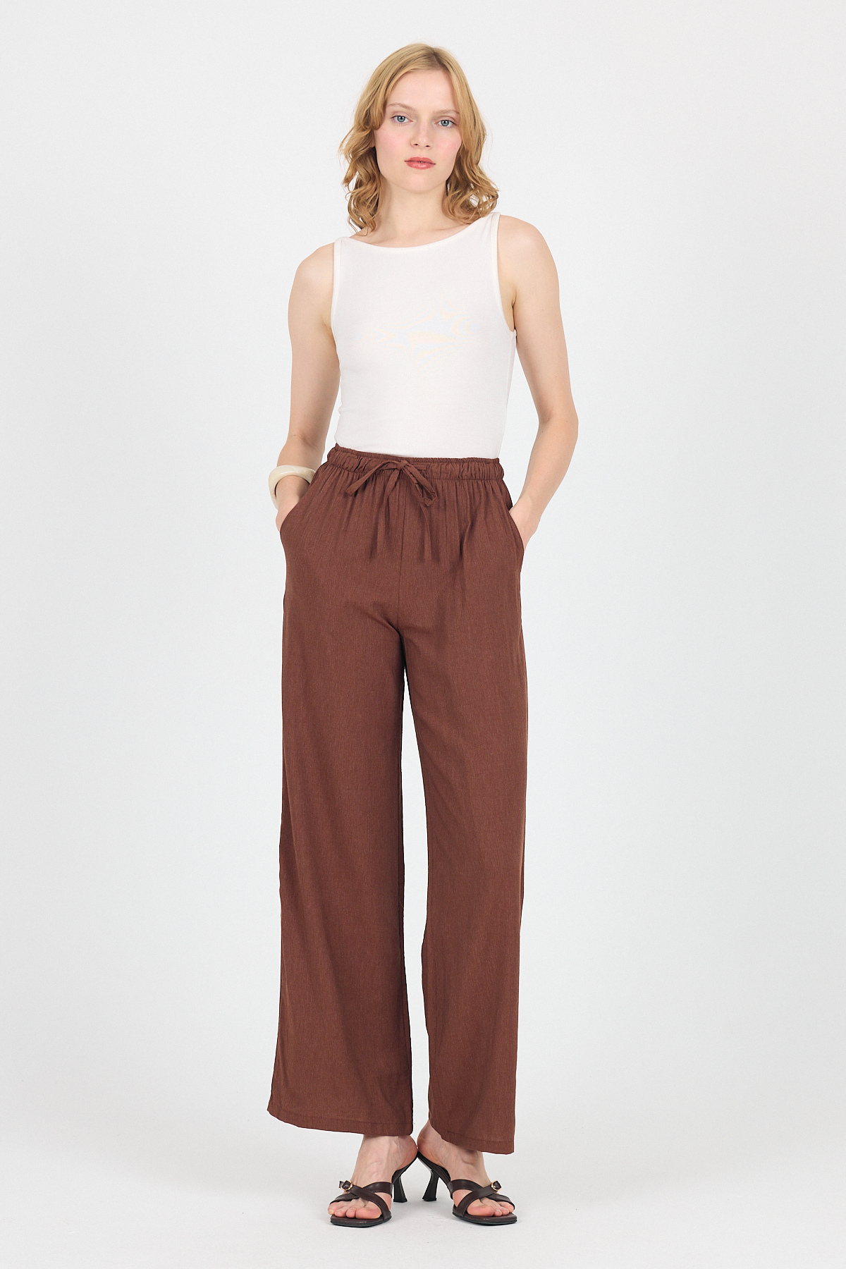 Kahve Pamuklu Bel Lastikli Wide Leg/Bol Paça Pantolon 4754A 
