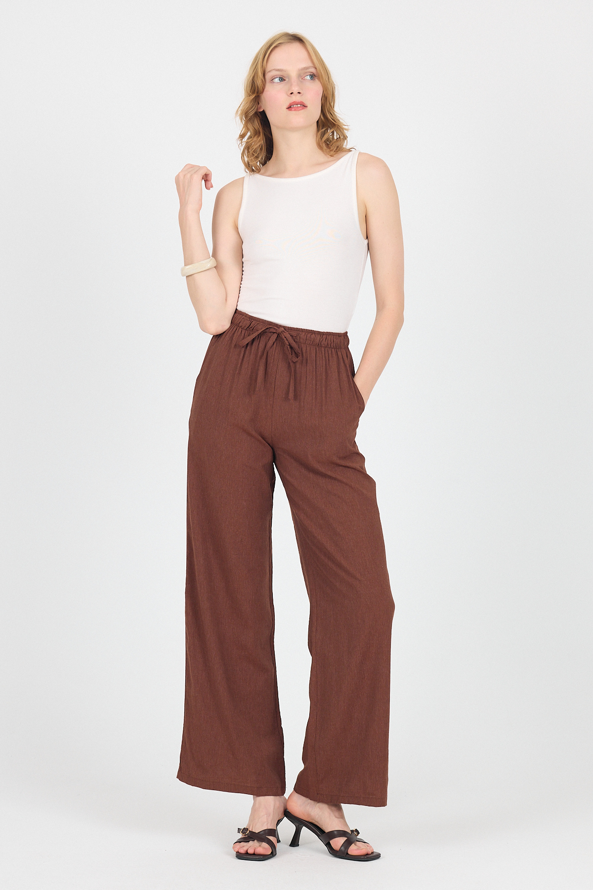 Kahve Pamuklu Bel Lastikli Wide Leg/Bol Paça Pantolon 4754A - 7