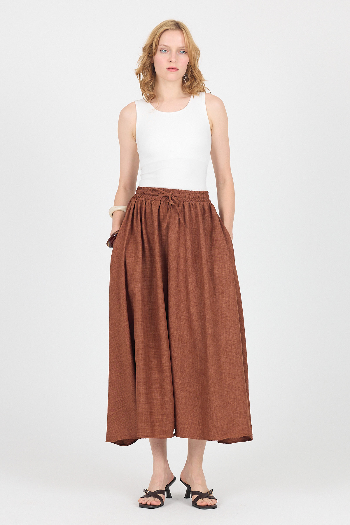 Kahve Pamuklu Çan Kesim Bağcıklı Uzun Etek 8024 - 6