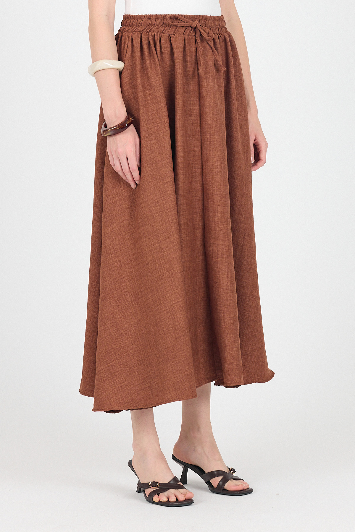 Kahve Pamuklu Çan Kesim Bağcıklı Uzun Etek 8024 - 3