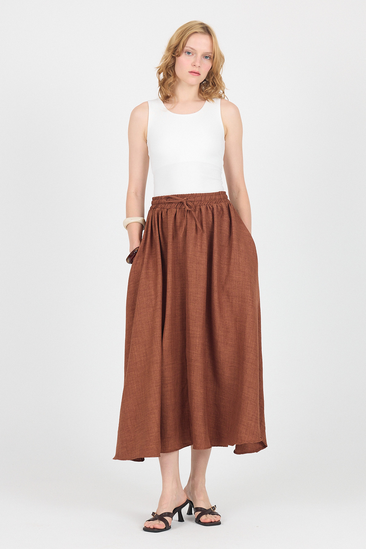 Kahve Pamuklu Çan Kesim Bağcıklı Uzun Etek 8024 