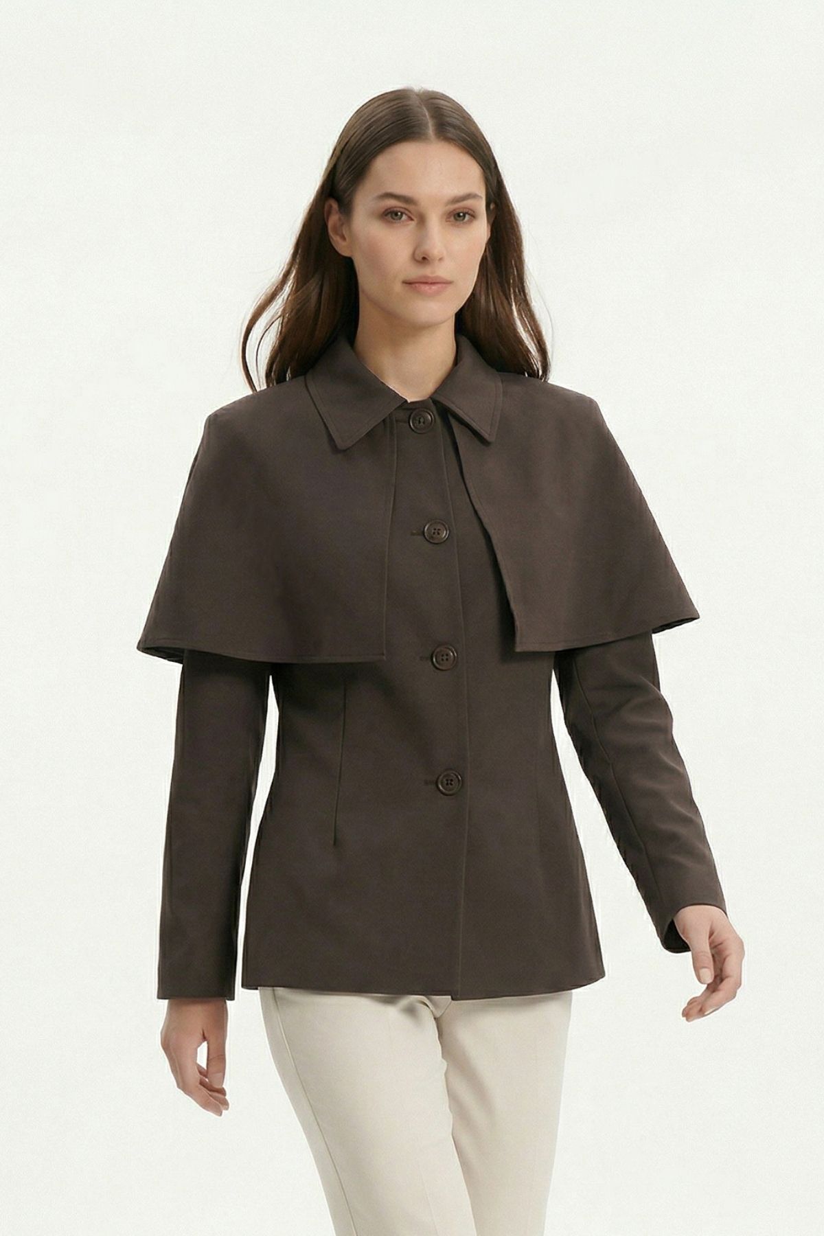 Kahve Pelerin Detay Düğmeli Ceket 7687 