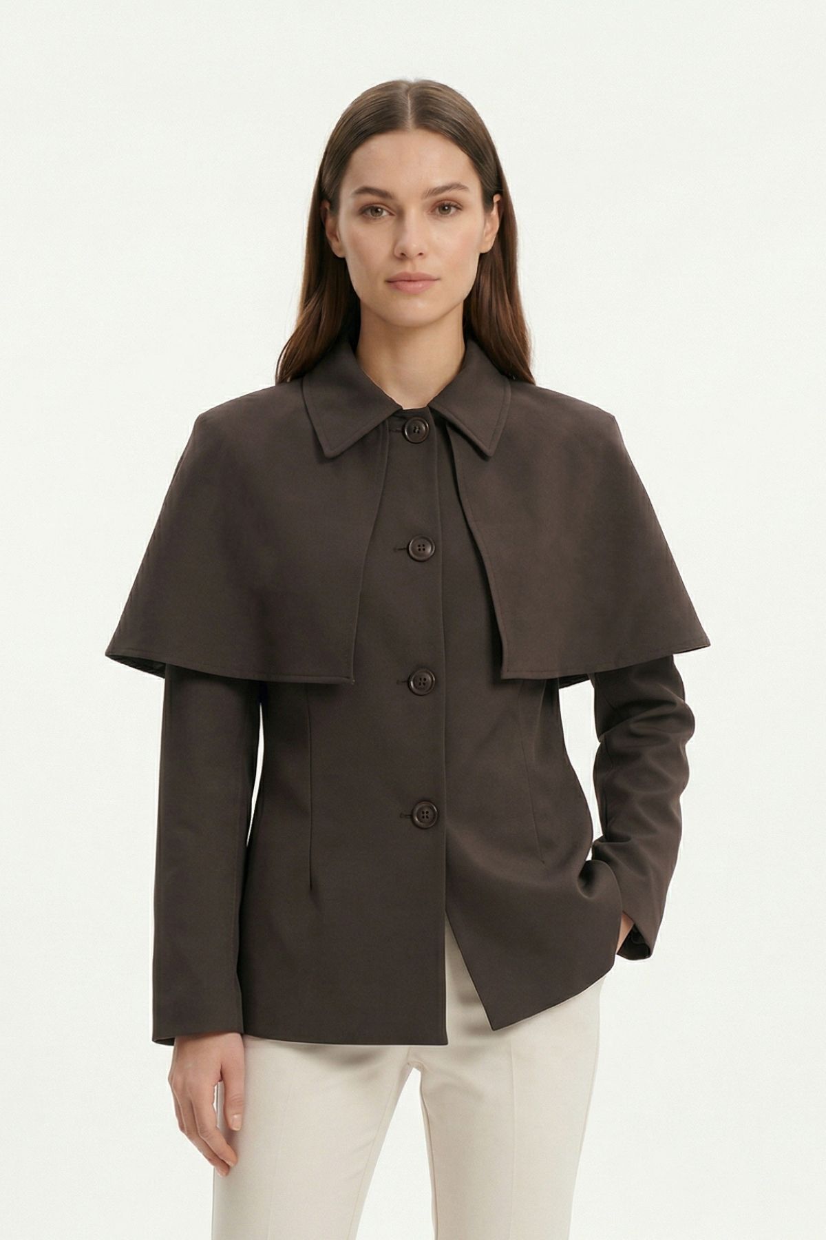 Kahve Pelerin Detay Düğmeli Ceket 7687 - 2