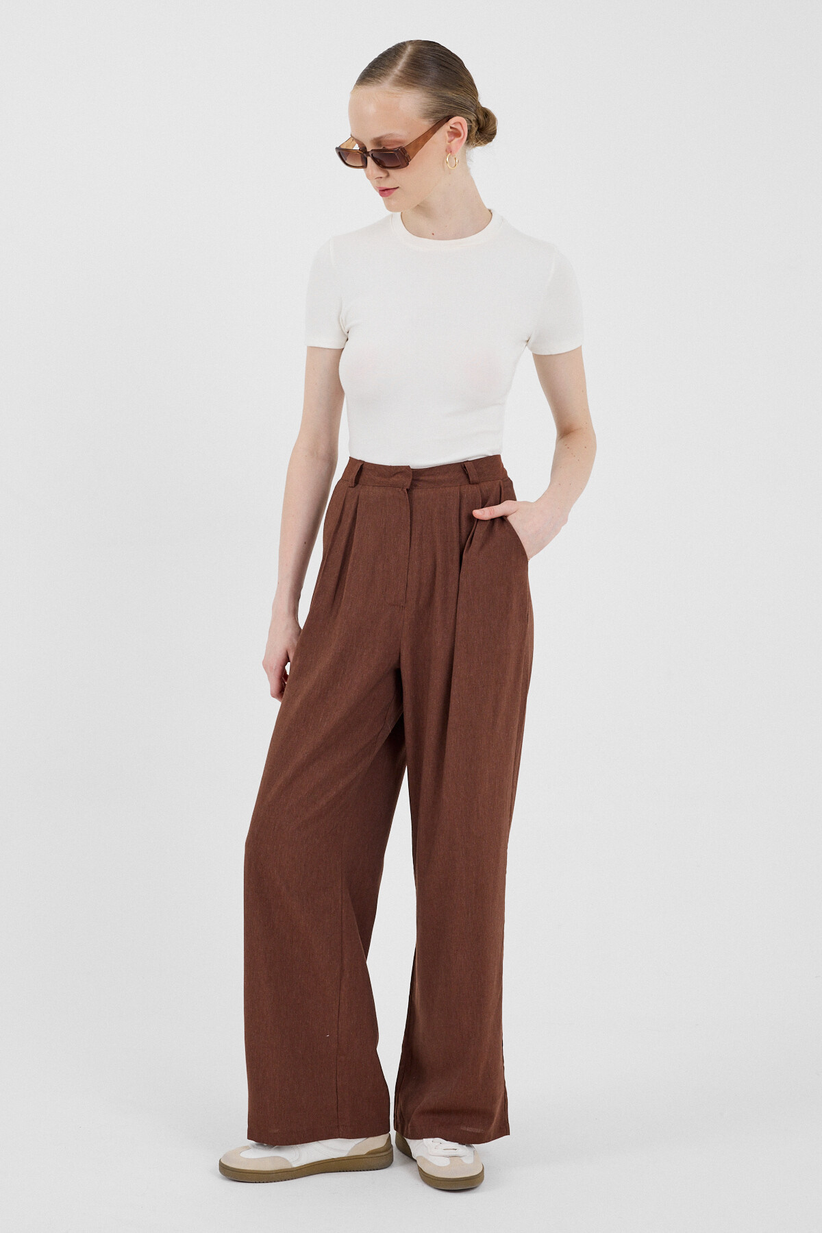 Kahve Pile Detaylı Bol Paça/Palazzo Pantolon 4757A - RAYS