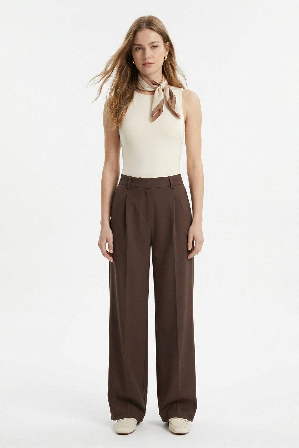 Kahve Pileli Geniş Paça Pantolon 3867 - RAYS (1)