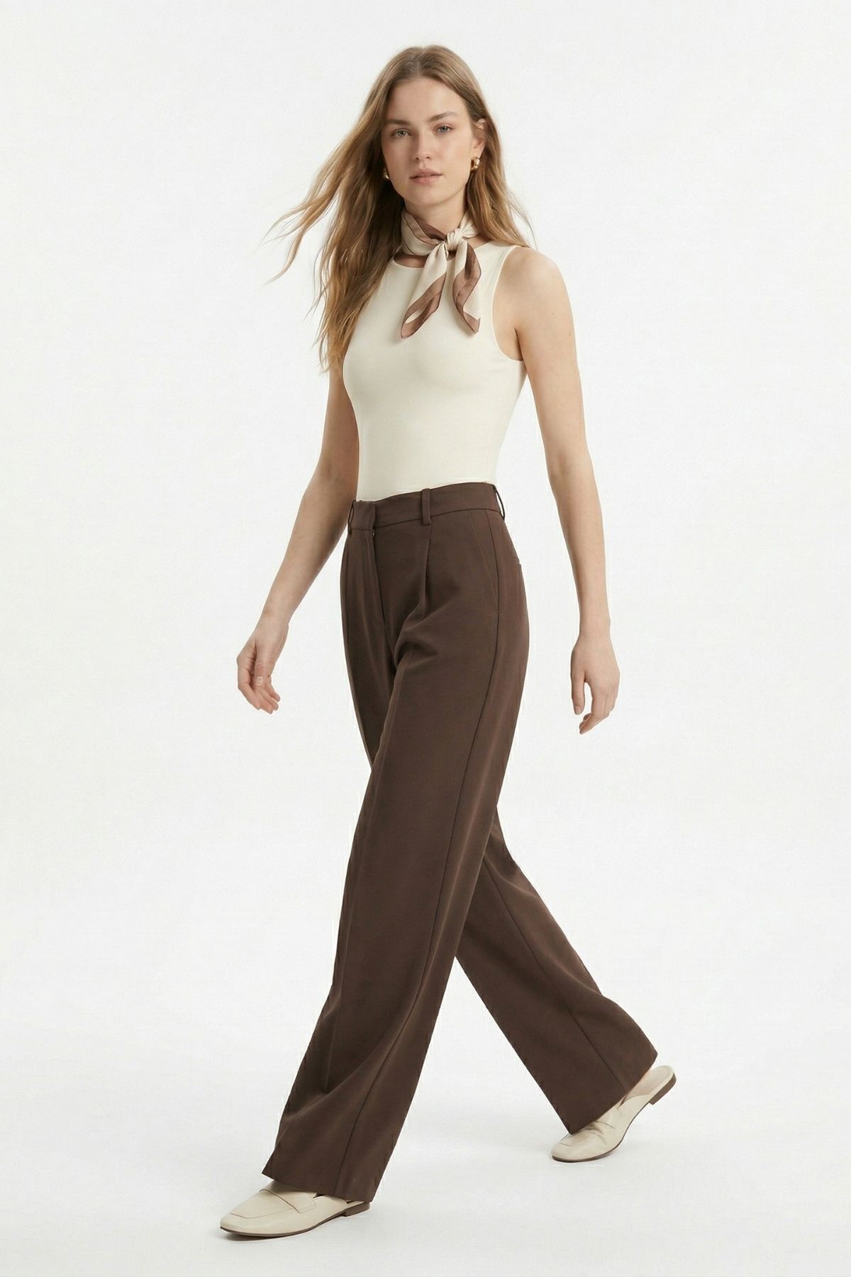 Kahve Pileli Geniş Paça Pantolon 3867 - RAYS