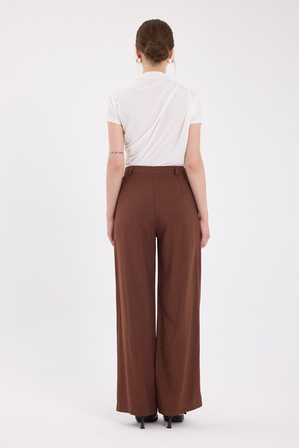 Kahve Pileli Palazzo Bol Paça Kadın Pantolon 4755A - 5