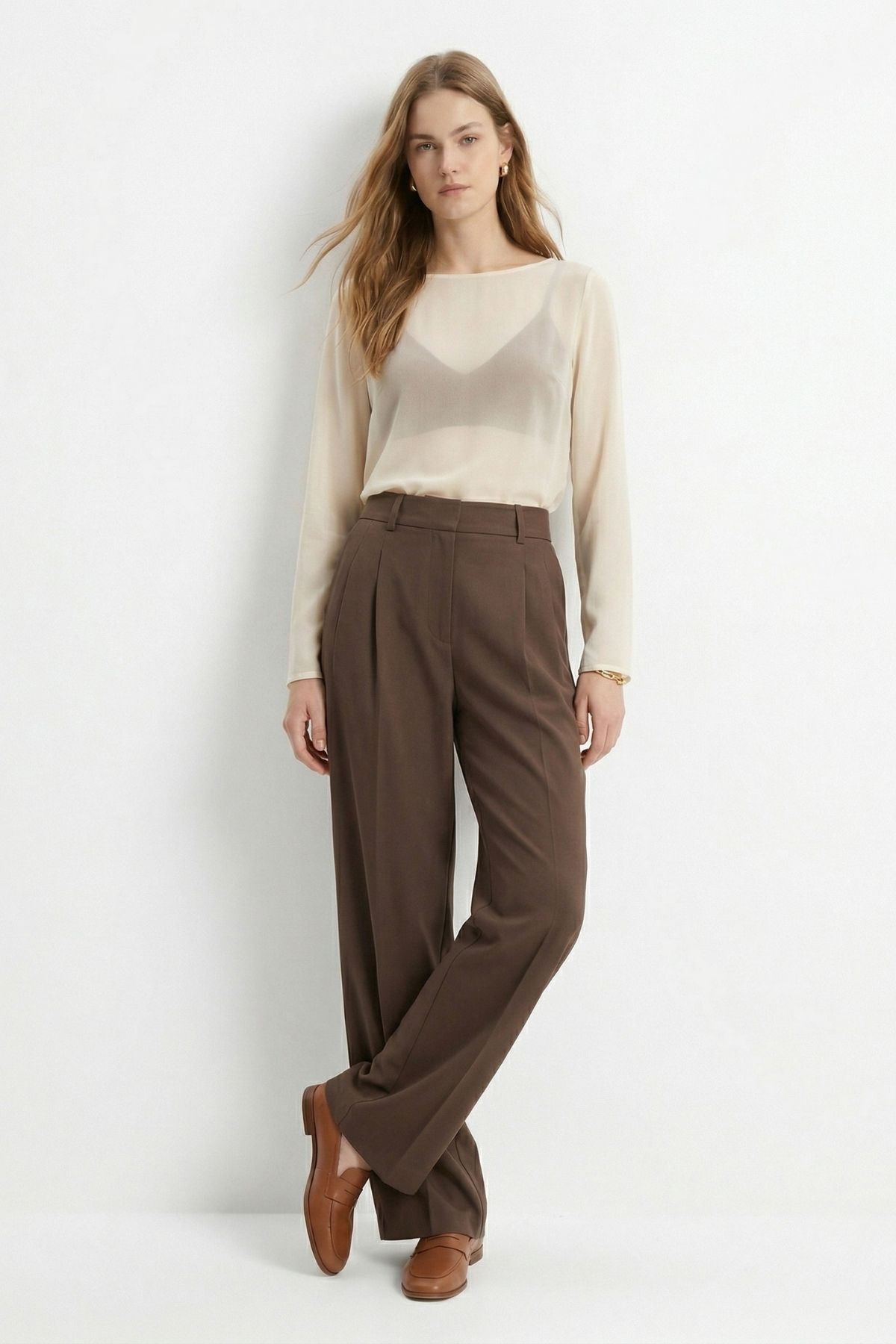 Kahve Pileli Palazzo Pantolon 3871 - 1