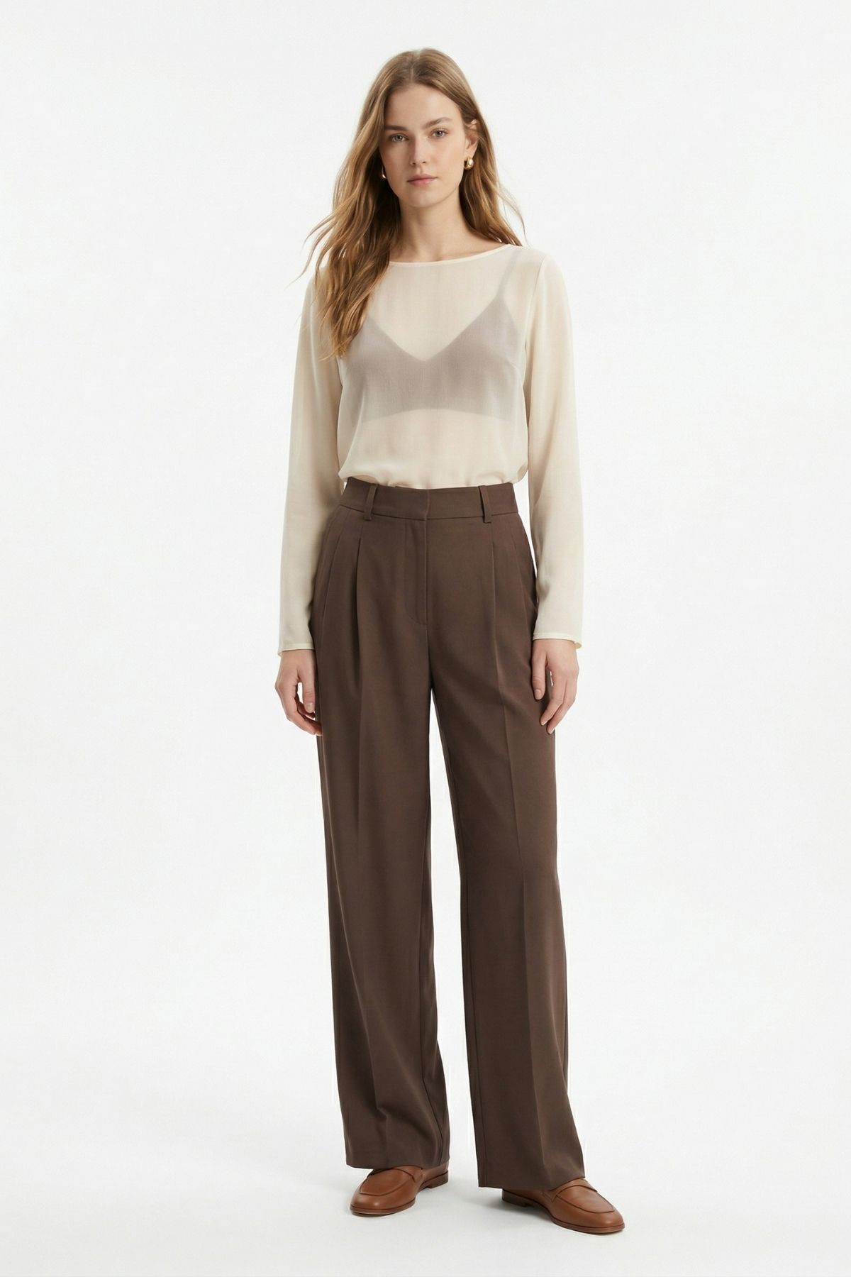 Kahve Pileli Palazzo Pantolon 3871 - 2