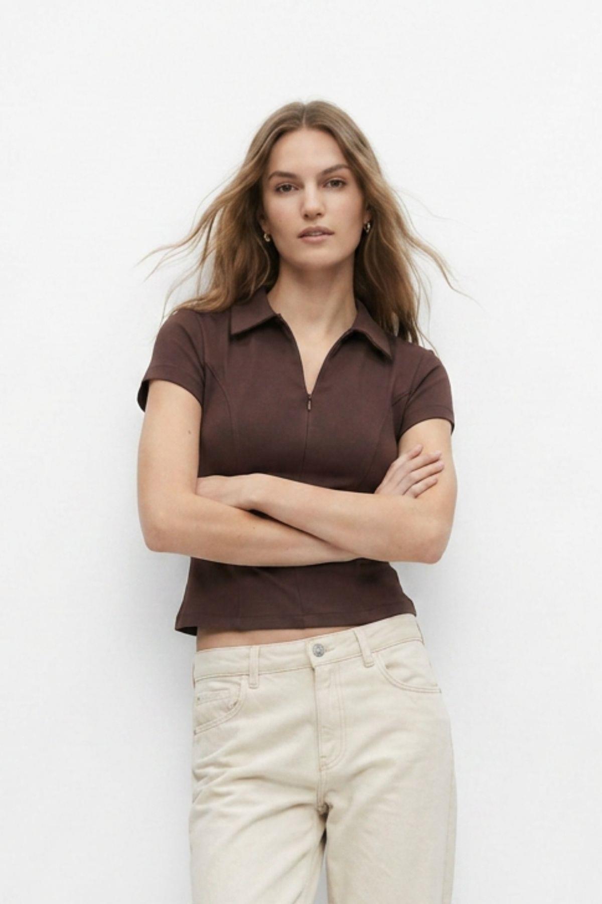 Polo Yaka Kısa Kol Crop Tişört 26651 Kahve - RAYS