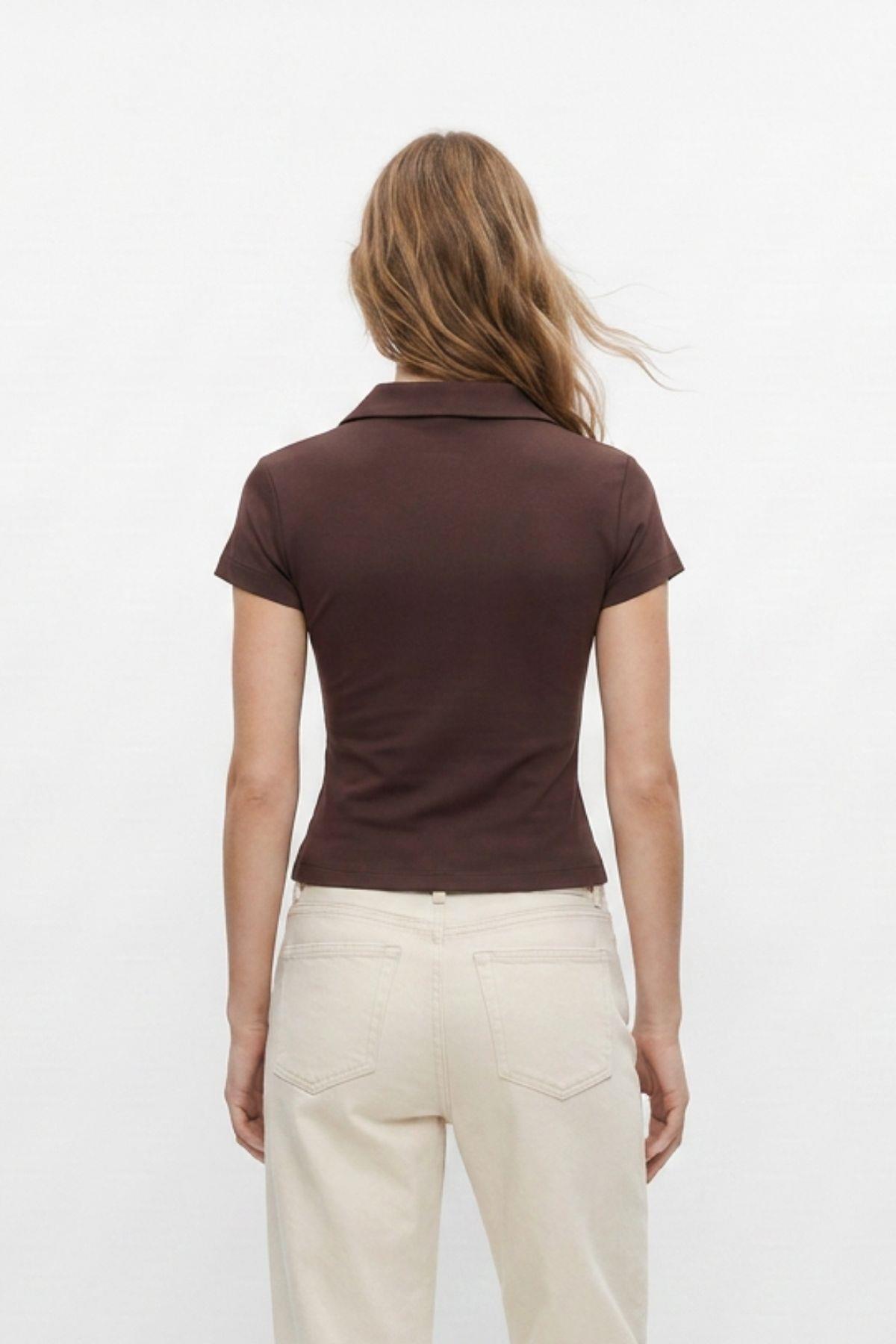 Polo Yaka Kısa Kol Crop Tişört 26651 Kahve - RAYS