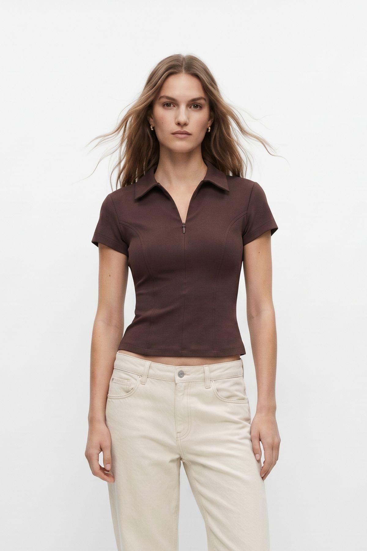 Kahve Polo Yaka Kısa Kol Crop Tişört 26651 - RAYS