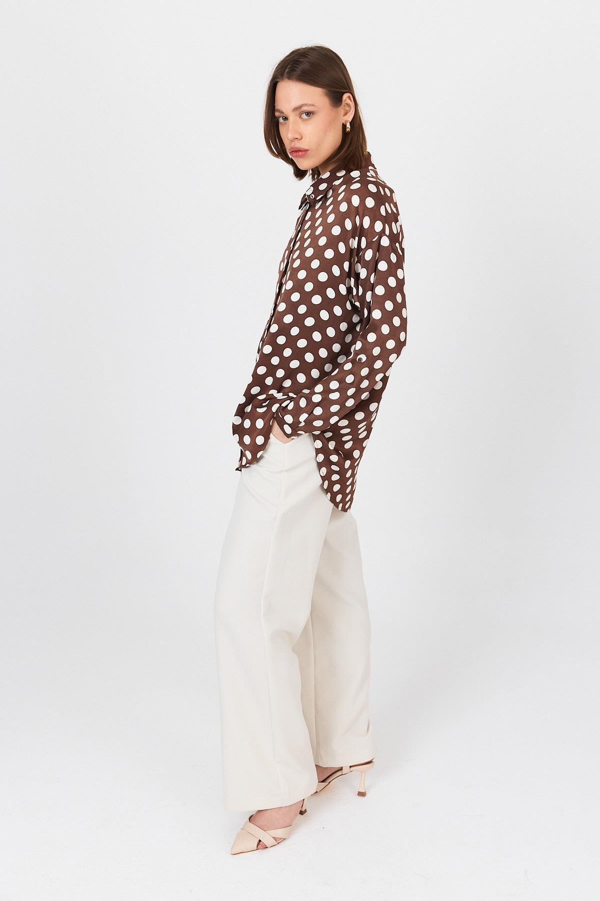 Kahve Puantiye Desen Oversize Saten Gömlek 9411 - 6