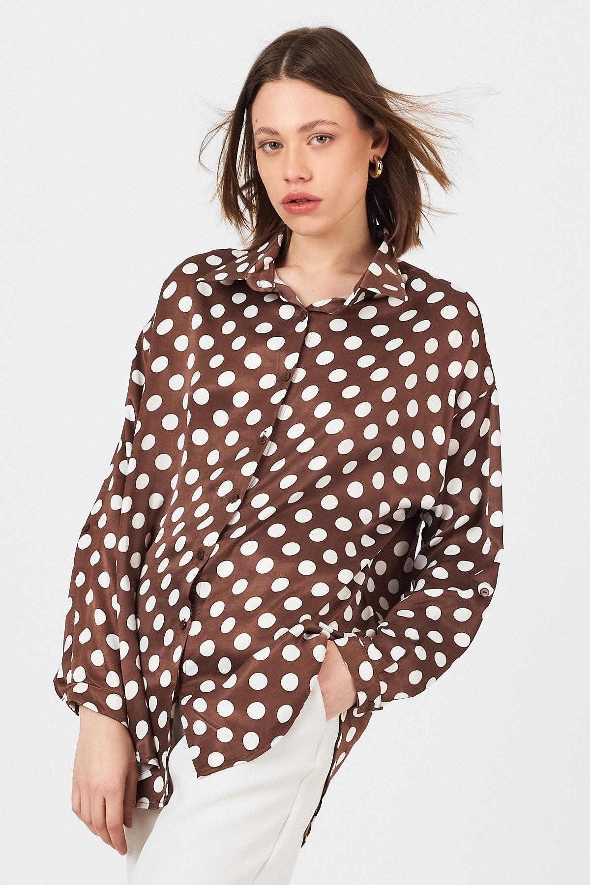 Kahve Puantiye Desen Oversize Saten Gömlek 9411 - 1