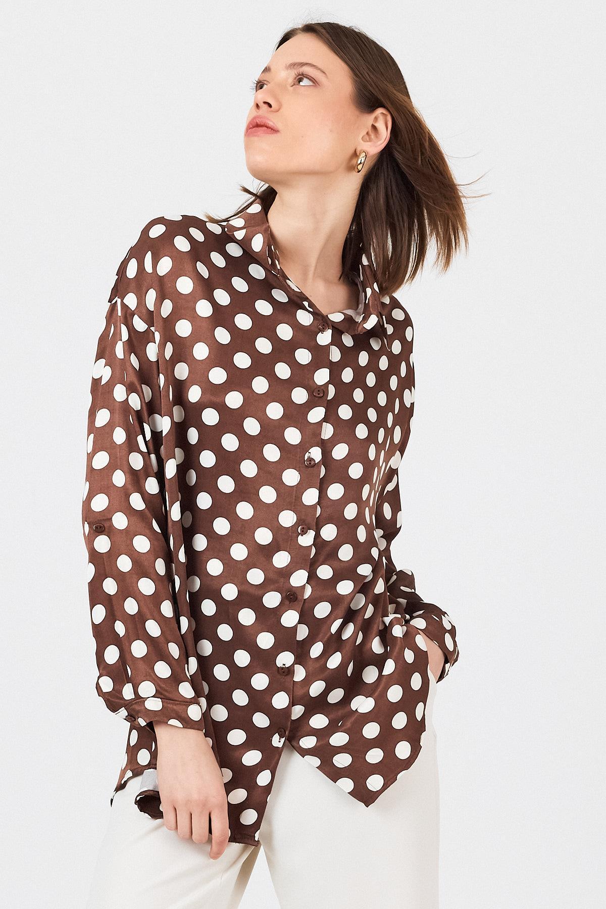 Kahve Puantiye Desen Oversize Saten Gömlek 9411 - RAYS
