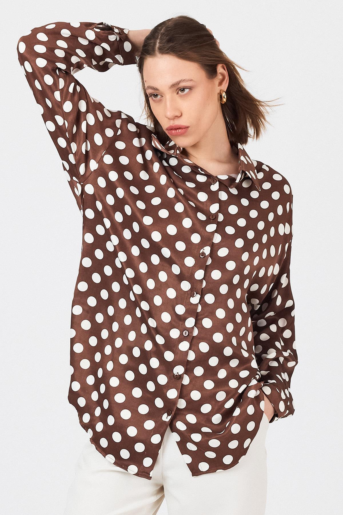 Kahve Puantiye Desen Oversize Saten Gömlek 9411 - 2