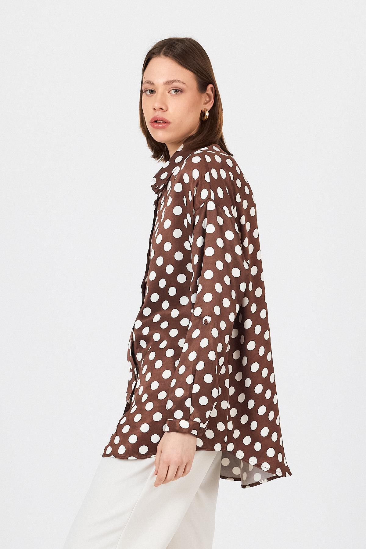 Kahve Puantiye Desen Oversize Saten Gömlek 9411 - 8