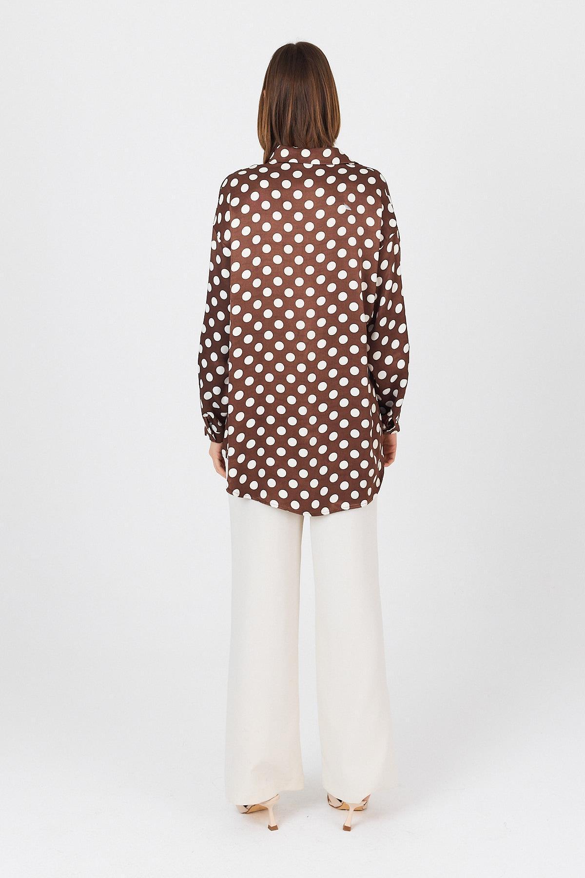 Kahve Puantiye Desen Oversize Saten Gömlek 9411 - 5