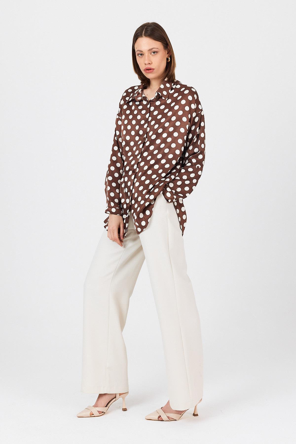 Kahve Puantiye Desen Oversize Saten Gömlek 9411 - 7