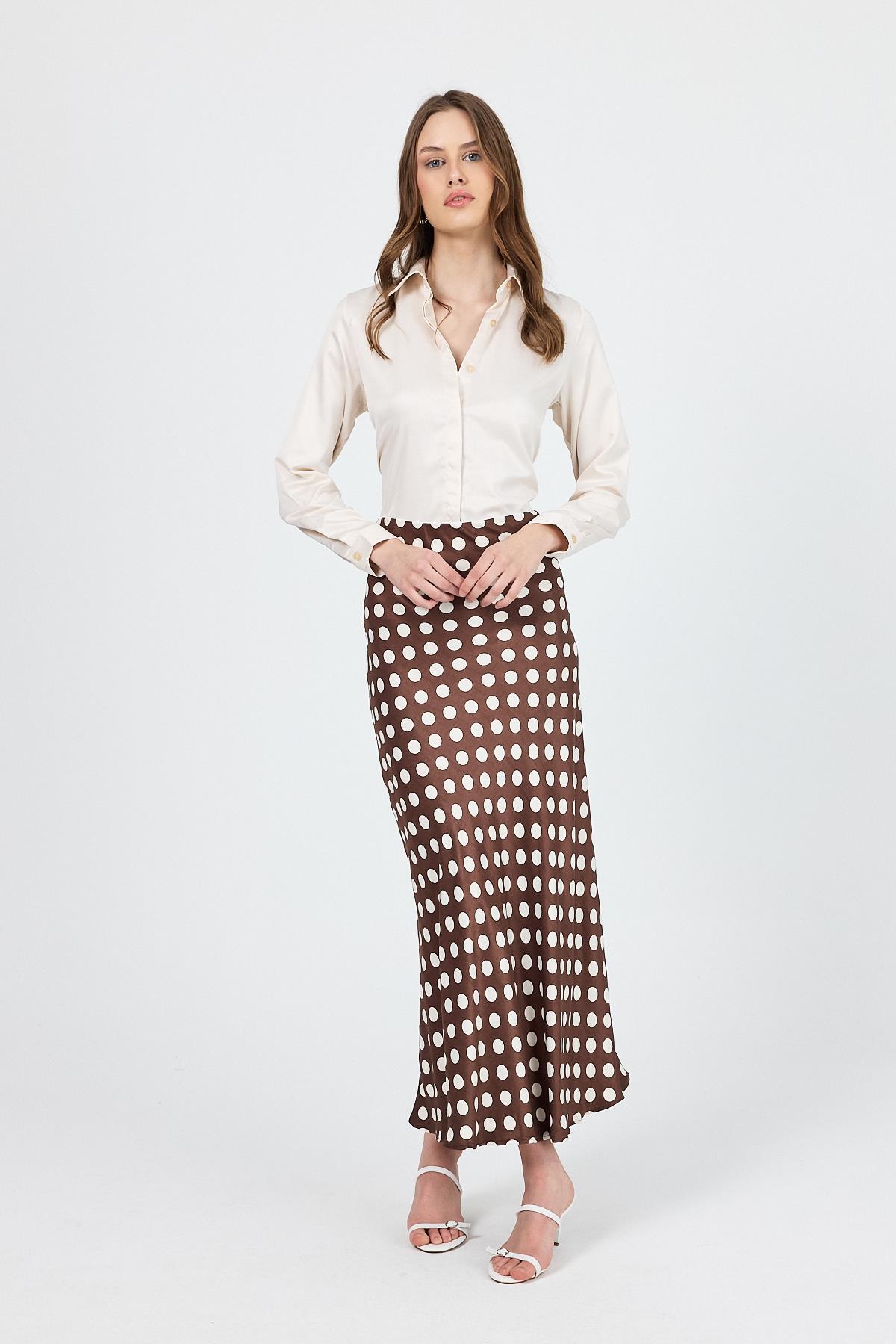 Kahve Puantiye Desen Saten Midi Etek 9416 - 8