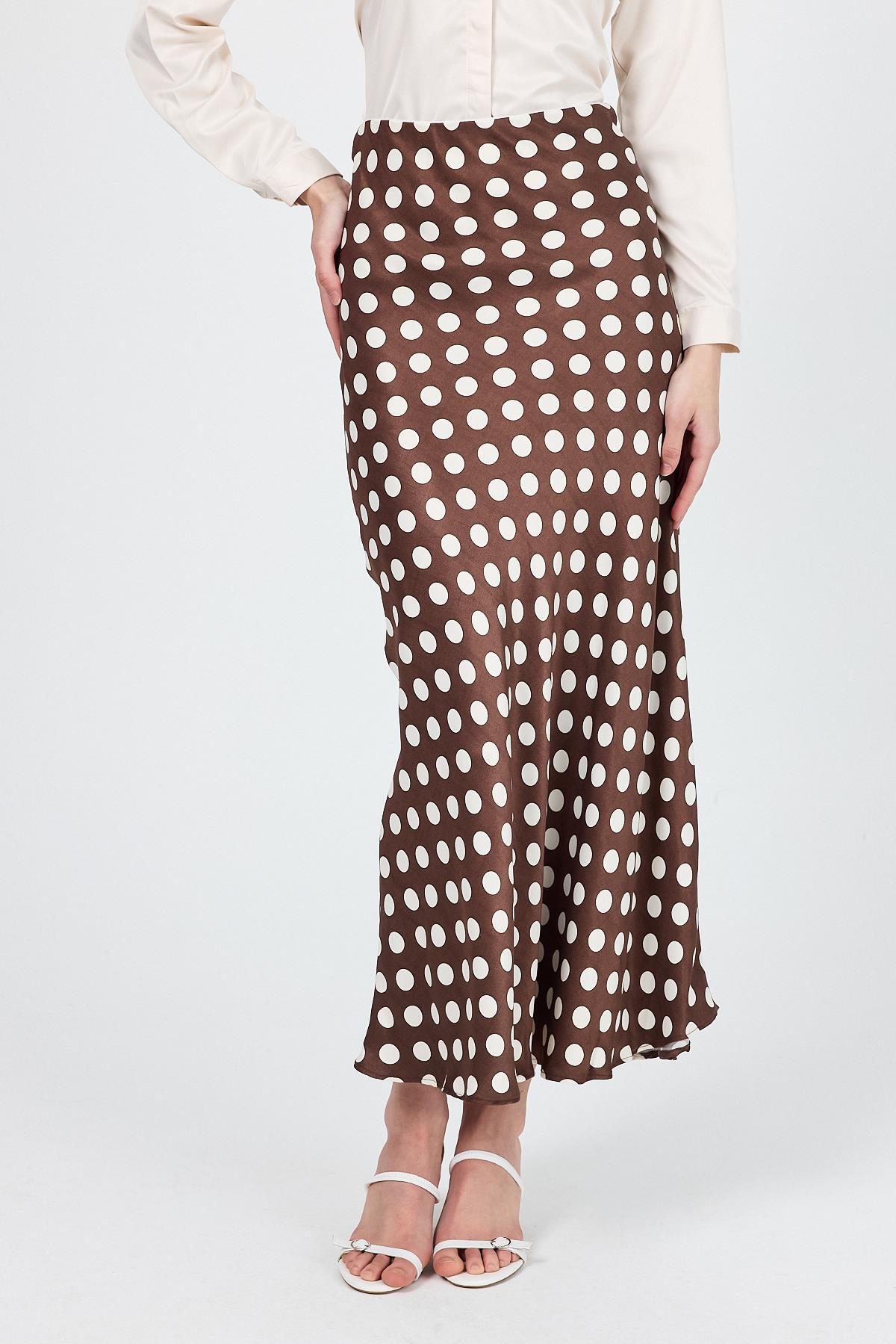 Kahve Puantiye Desen Saten Midi Etek 9416 - 3