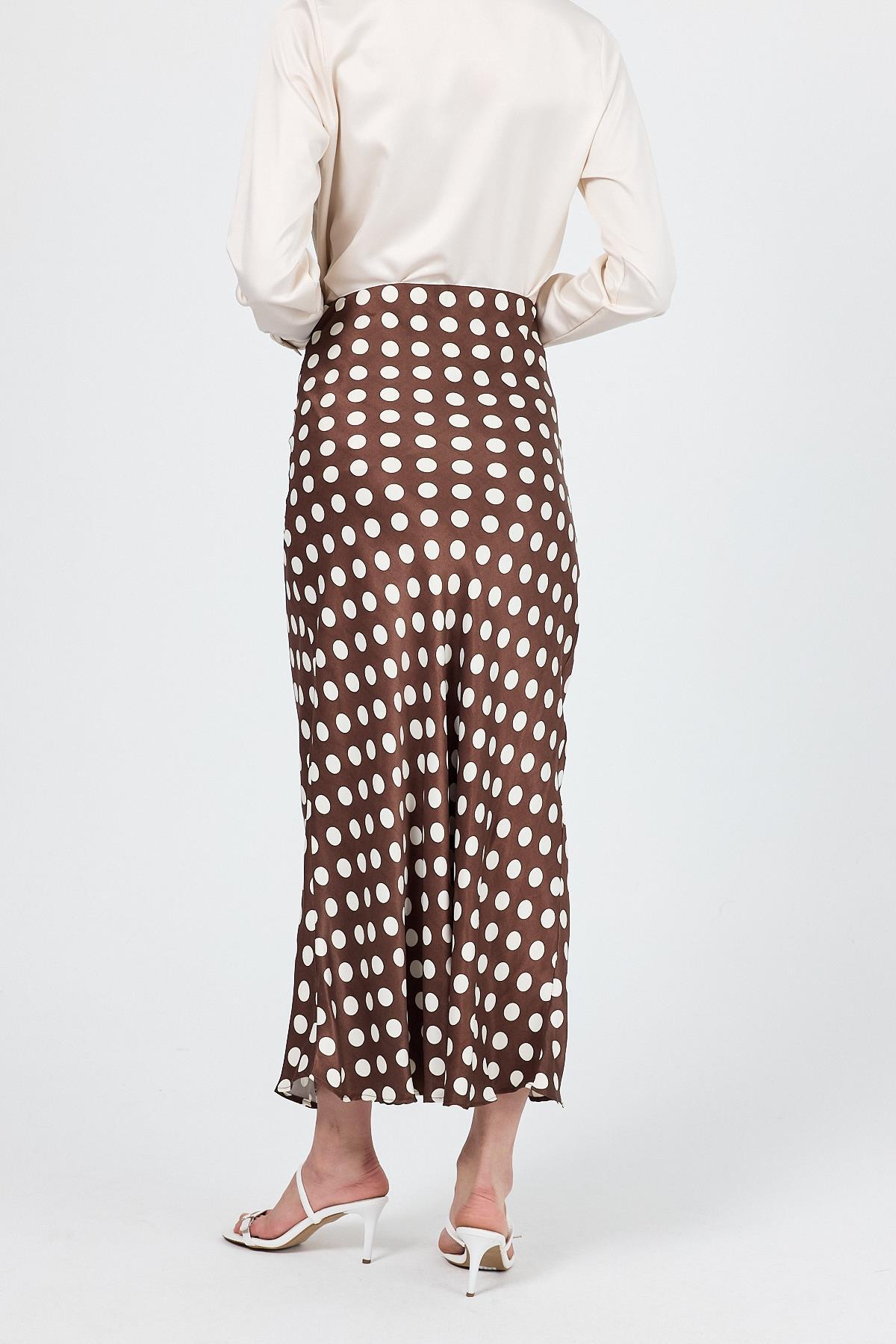 Kahve Puantiye Desen Saten Midi Etek 9416 - 5