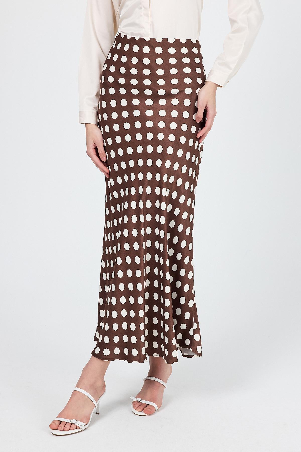 Kahve Puantiye Desen Saten Midi Etek 9416 - 6