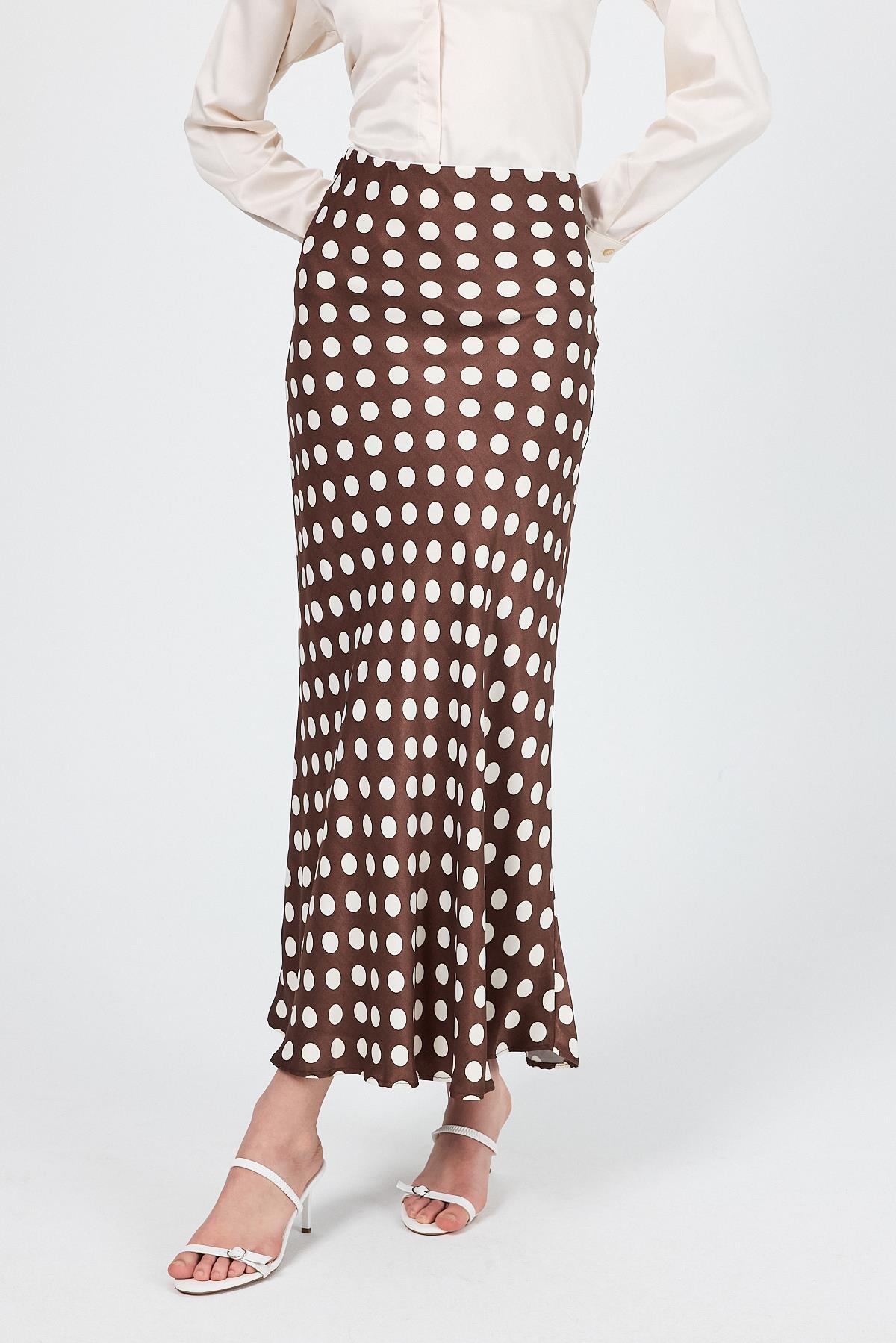 Kahve Puantiye Desen Saten Midi Etek 9416 - 7