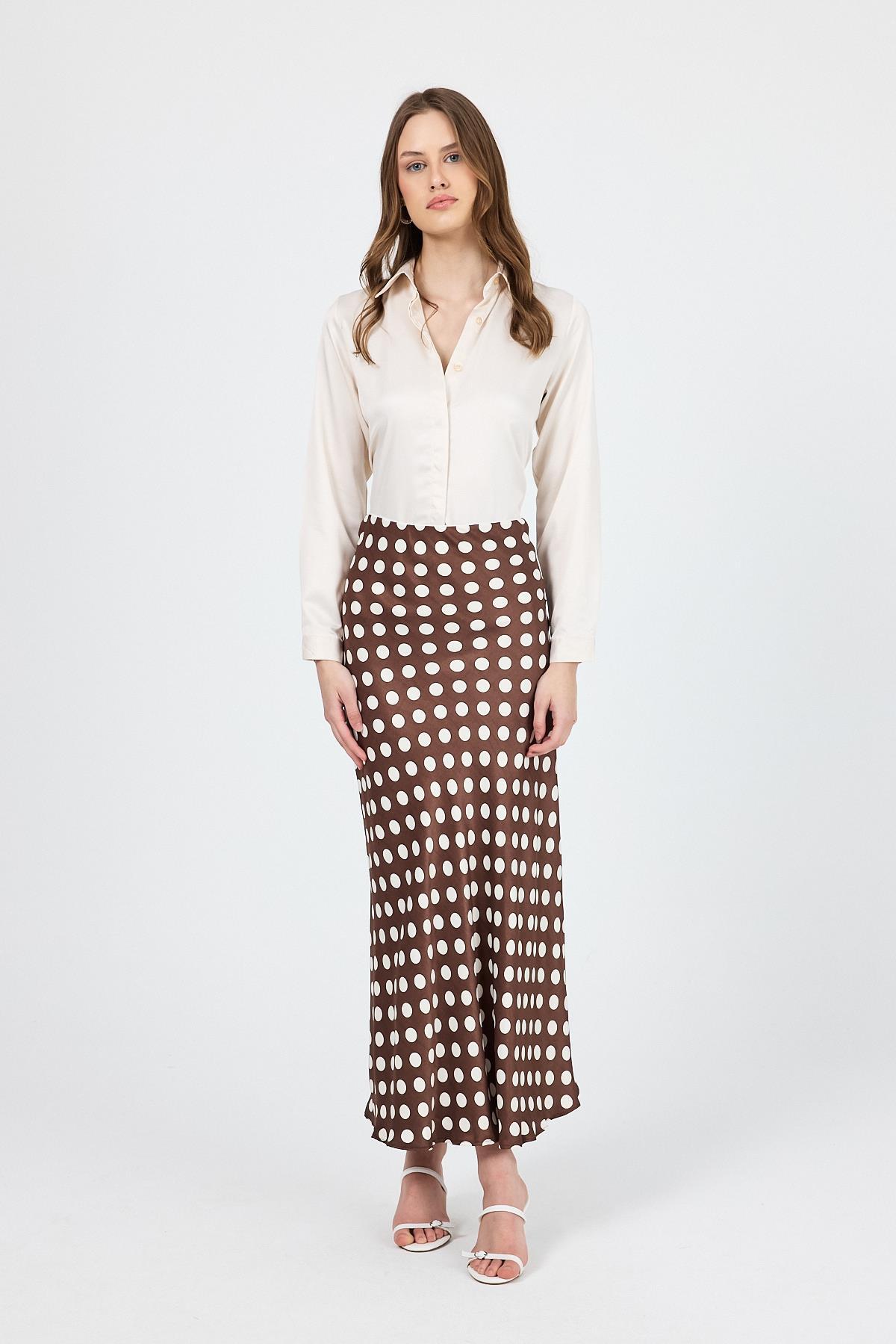 Kahve Puantiye Desen Saten Midi Etek 9416 - 2